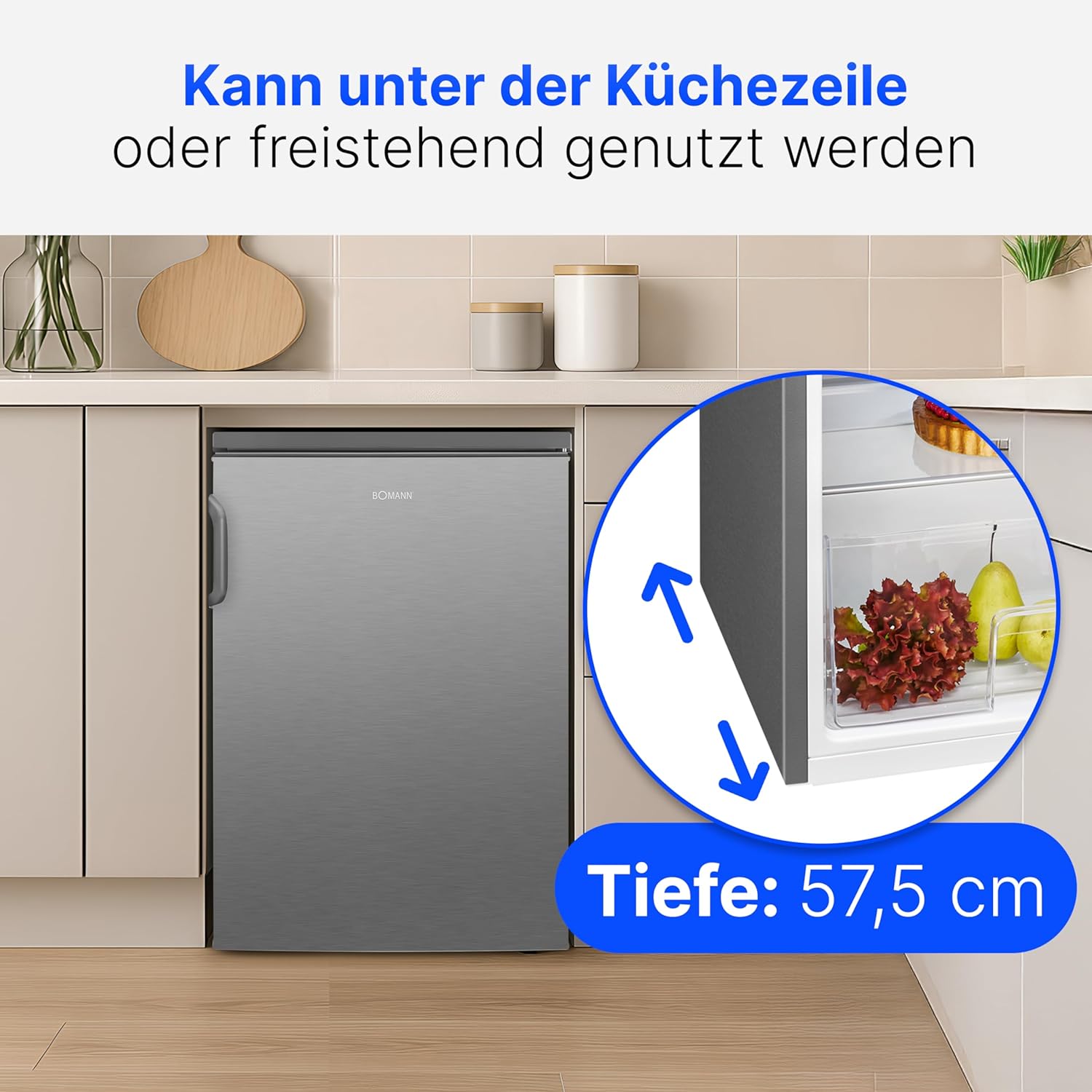 Bomann® Kühlschrank ohne Gefrierfach | Energieklasse D | 85cm | leise 39dB | 3 Ablagen | Türanschlag wechselbar | 133L | Kühlschrank klein mit Gemüsefach | Standardkühlschrank | VS 2195.1 inox