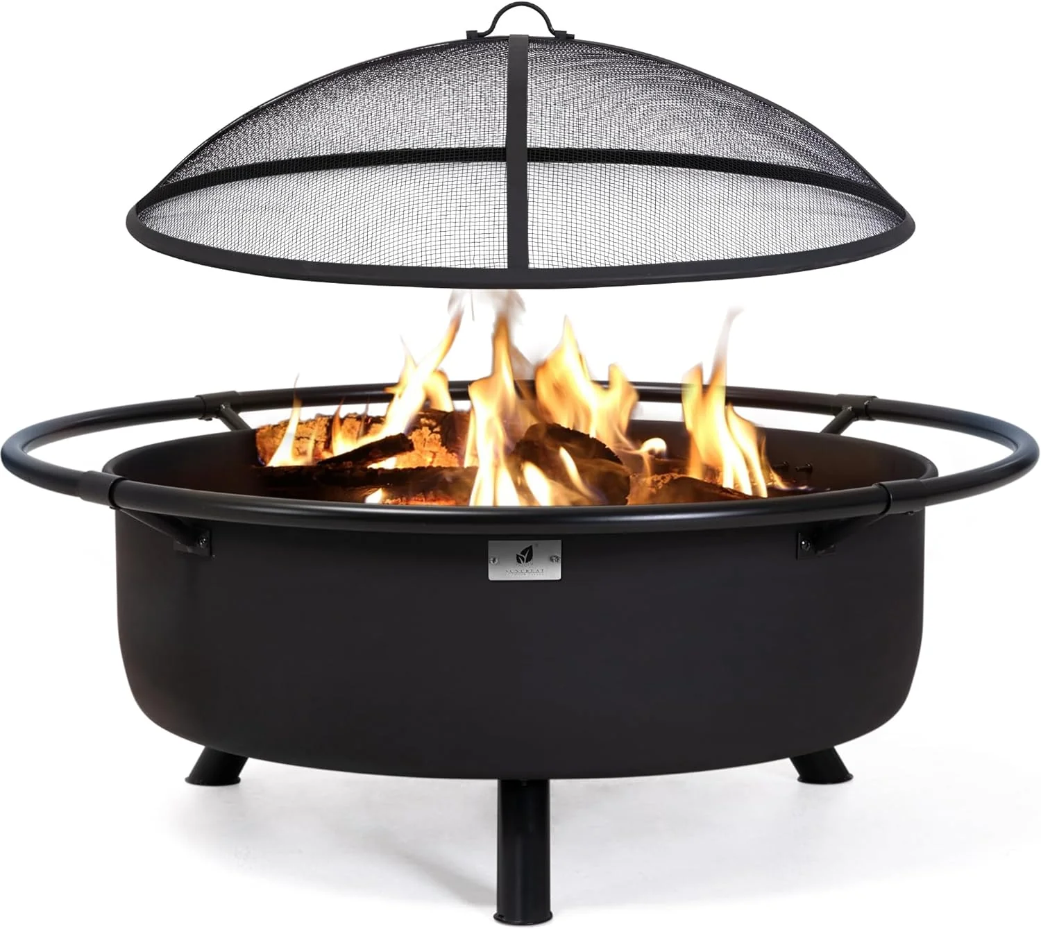 SUNCREAT 42” Patio Fire Pit Wood Burning with Mesh Spark Screen, Bonfire Outdoor firepit with Fireplace Poker, Black