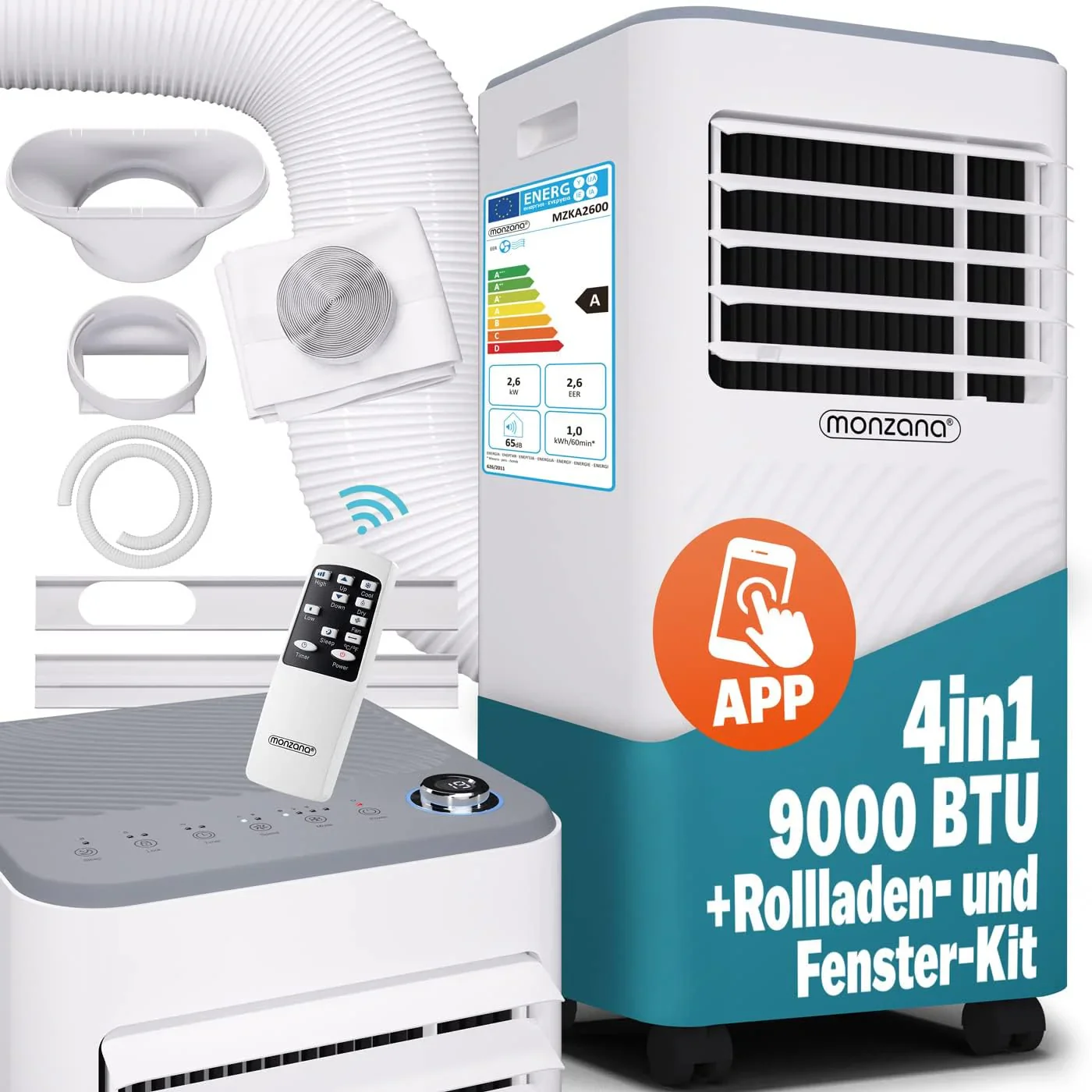 Condizionatore portatile Monzana® MZKA2000 con tubo di scarico 7000BTU 3in1 750W Timer 24h 25mq Telecomando Deumidificatore Kit di serrande Aria condizionata