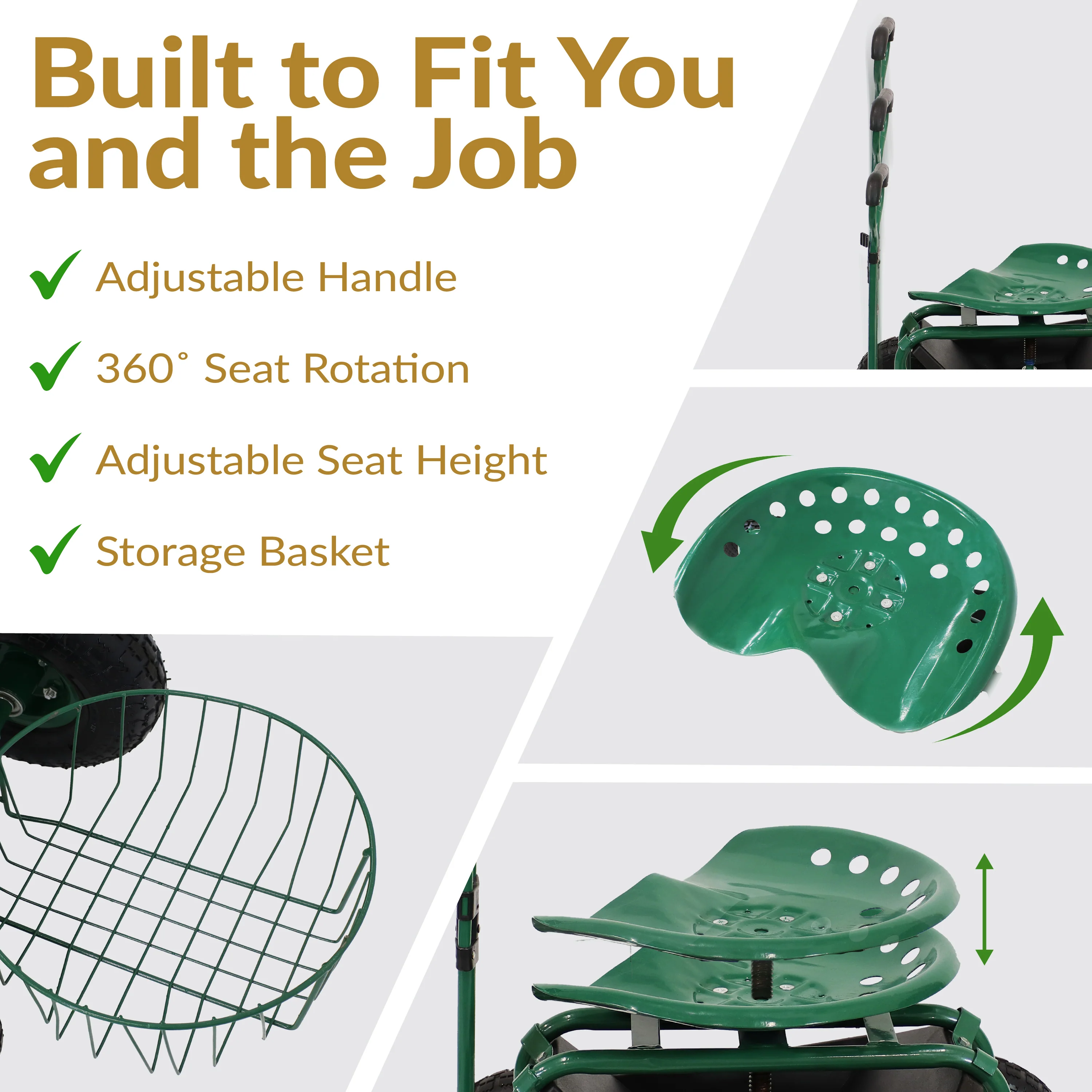 2025 Carrito de Jardín Rodante Sunnydaze con Asiento Giratorio, Manillar y Cesta
