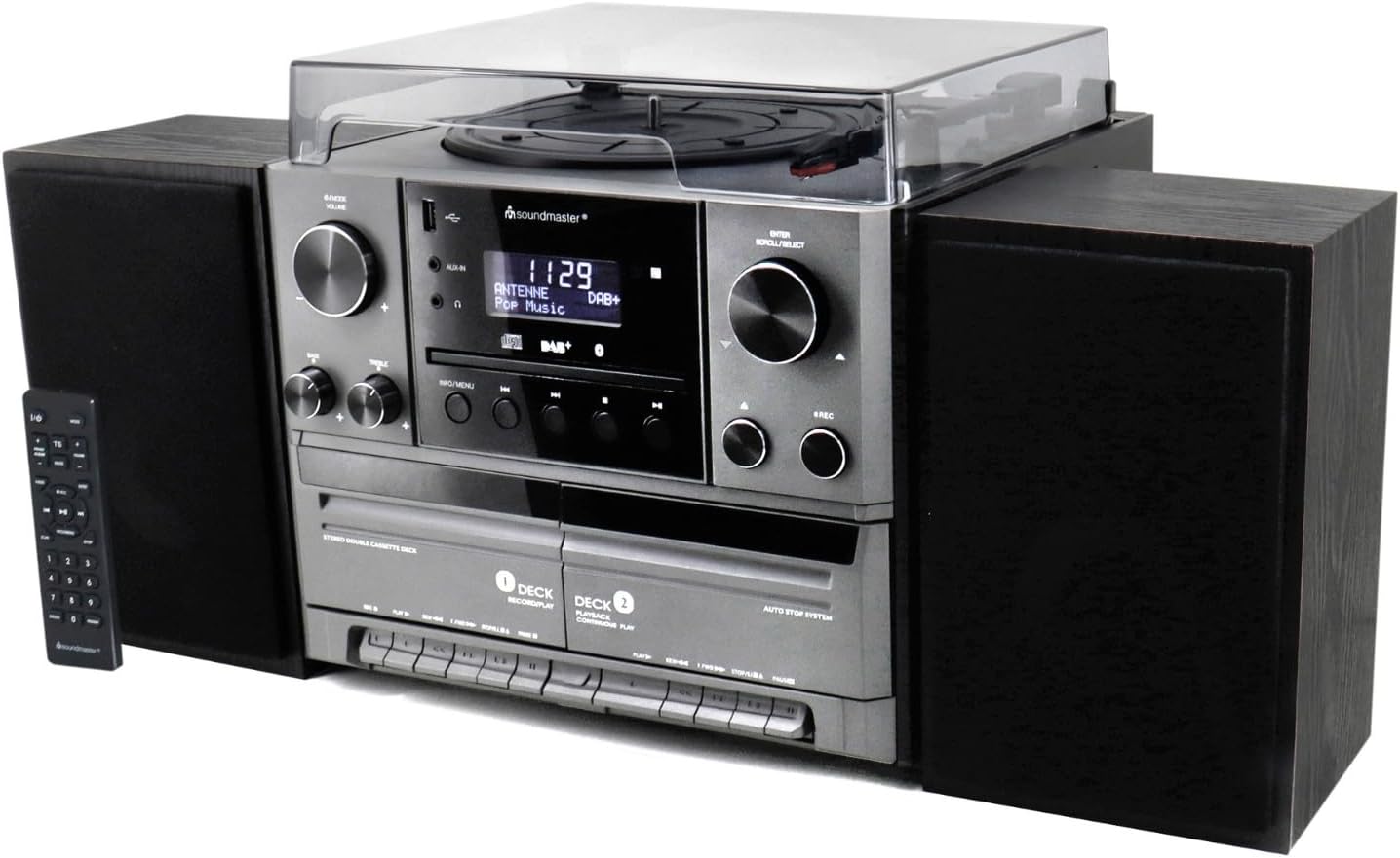 Soundmaster MCD5600SW Sistema estéreo con Tocadiscos, Reproductor de CD con Casete Doble Dab+, codificación USB MP3 Bluetooth, digitalización, conexión de Antena de 75 ohmios