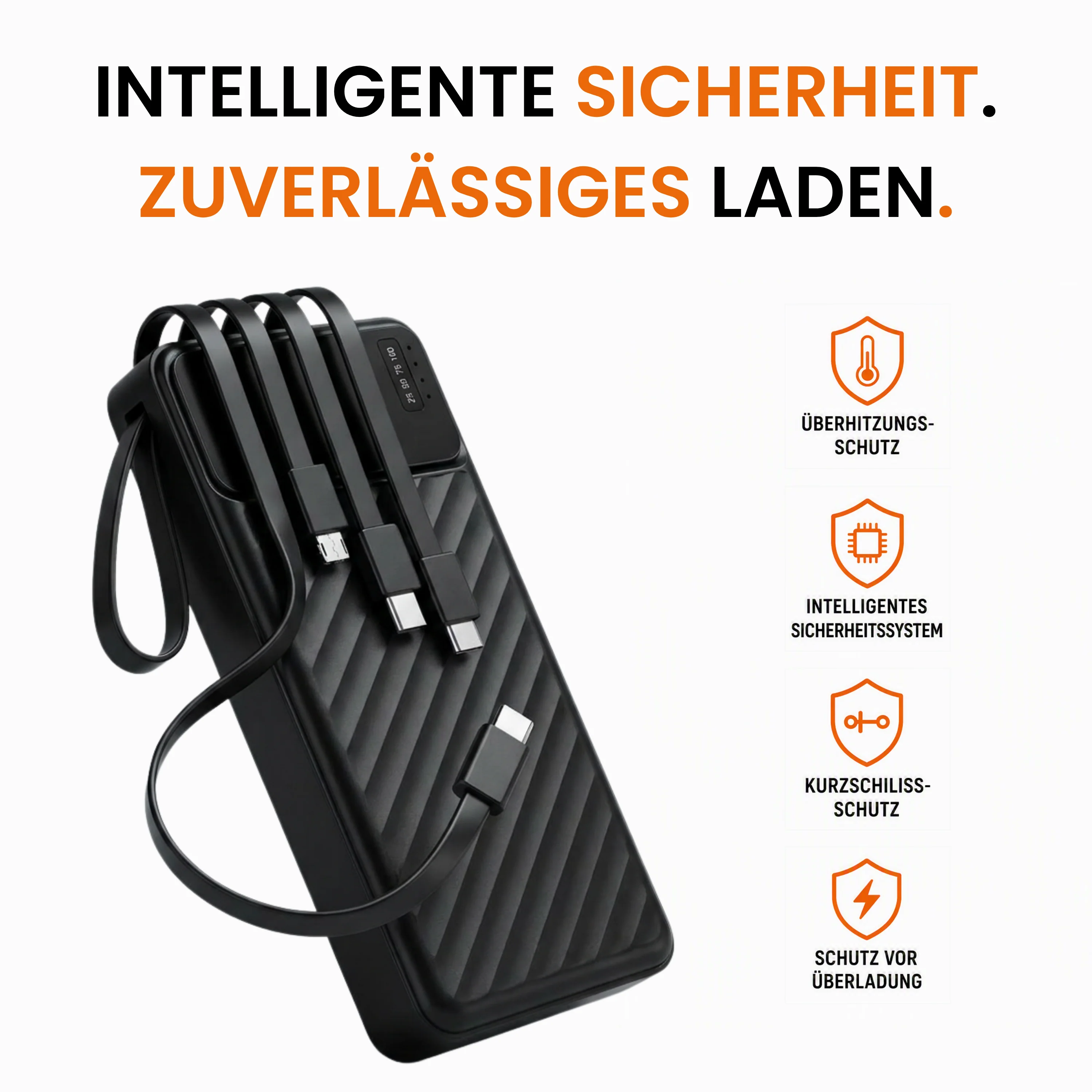 Powerbank 20.000 mAh mit integriertem USB-C-, USB-A & Lightning-Kabel Externer Akku mit Schnellladefunktion