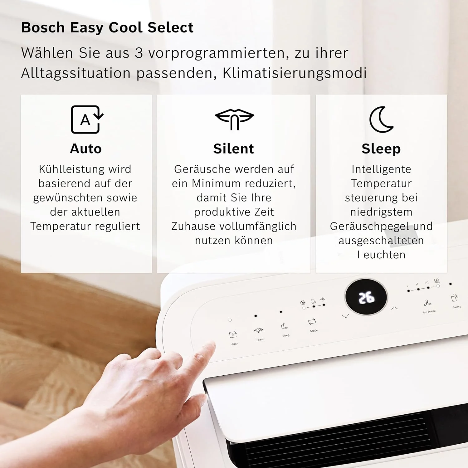 Bosch Cool 4000 Mobiles Klimagerät - 3-in-1: Klimagerät, Luftentfeuchter, Ventilator - 2,6 kW für Räume bis zu 35m² - Mit Auto-Modus, Silent-Modus & Sleep-Modus