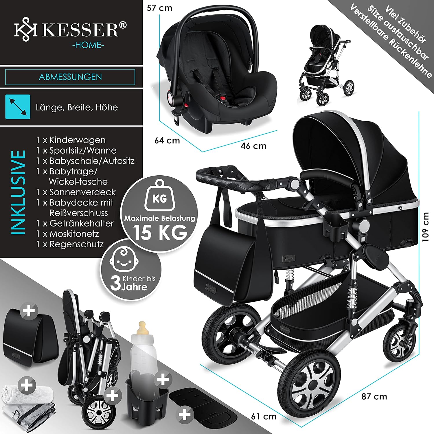 KESSER® Loops 3 in 1 Kinderwagen Kombikinderwagen Komplett-Set inkl. Babywanne & Buggy Sportsitz & Auto-Babyschale Voll-Gummireifen Wickeltasche Regenschutz Kindertisch ECE R129, Grau/Silber