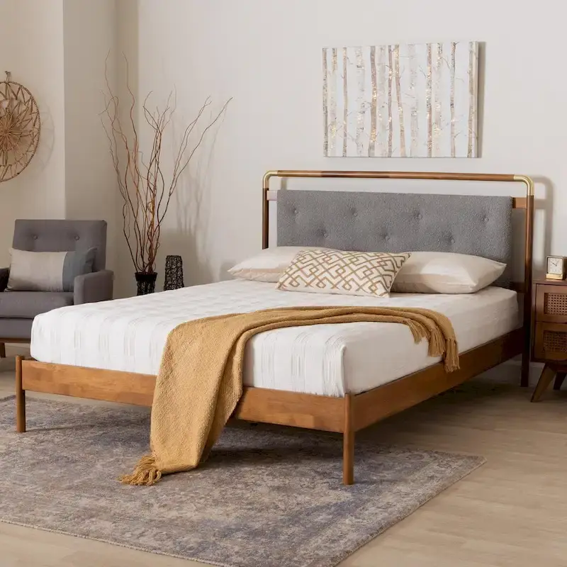 Edwina Queen Size Platform Bed in Light Grey Boucle Fabric with Walnut Brown Wood Accents