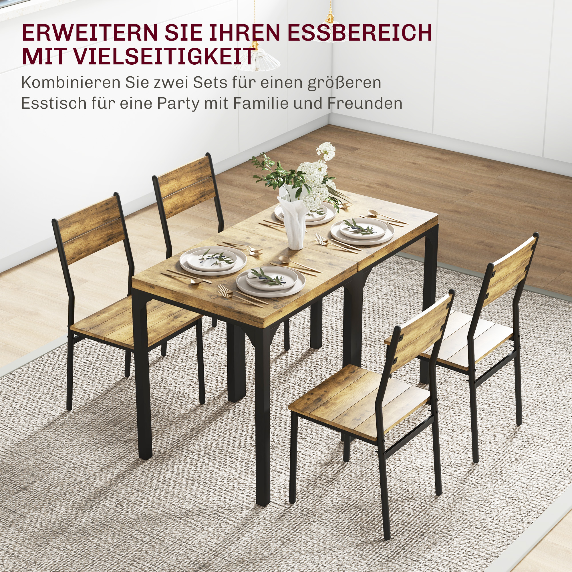 3-delige Eethoek, Esstafel-Set, 1 Tafel, 2 Stoelen, MDF+Metaal, Bruin