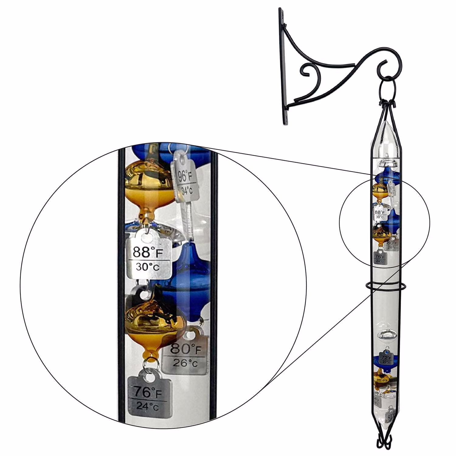 Glassic Gifts Outdoor Hanging Galileo Thermometer, Colored Glass Orbs with Free Bracket