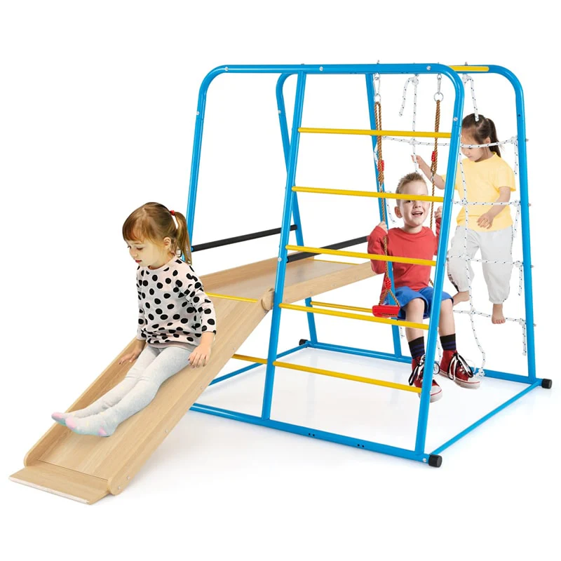 6-in-1 Indoor Playground Jungle Gym, Metal Montessori Climbing Toys with Slide, Swing & Monkey Bars for Kids & Toddlers 3+ Years