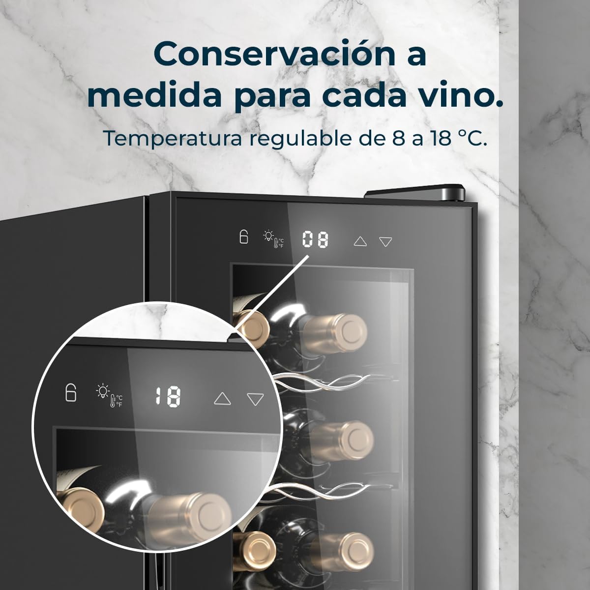 Cecotec Vinoteca Bolero GrandSommelier 1250 CoolCrystal. Bodega para 12 botellas, enfriamiento termoeléctrico, silenciosa con 35 dB, temperatura regulable de 8-18ºC, panel táctil y luz LED interior.