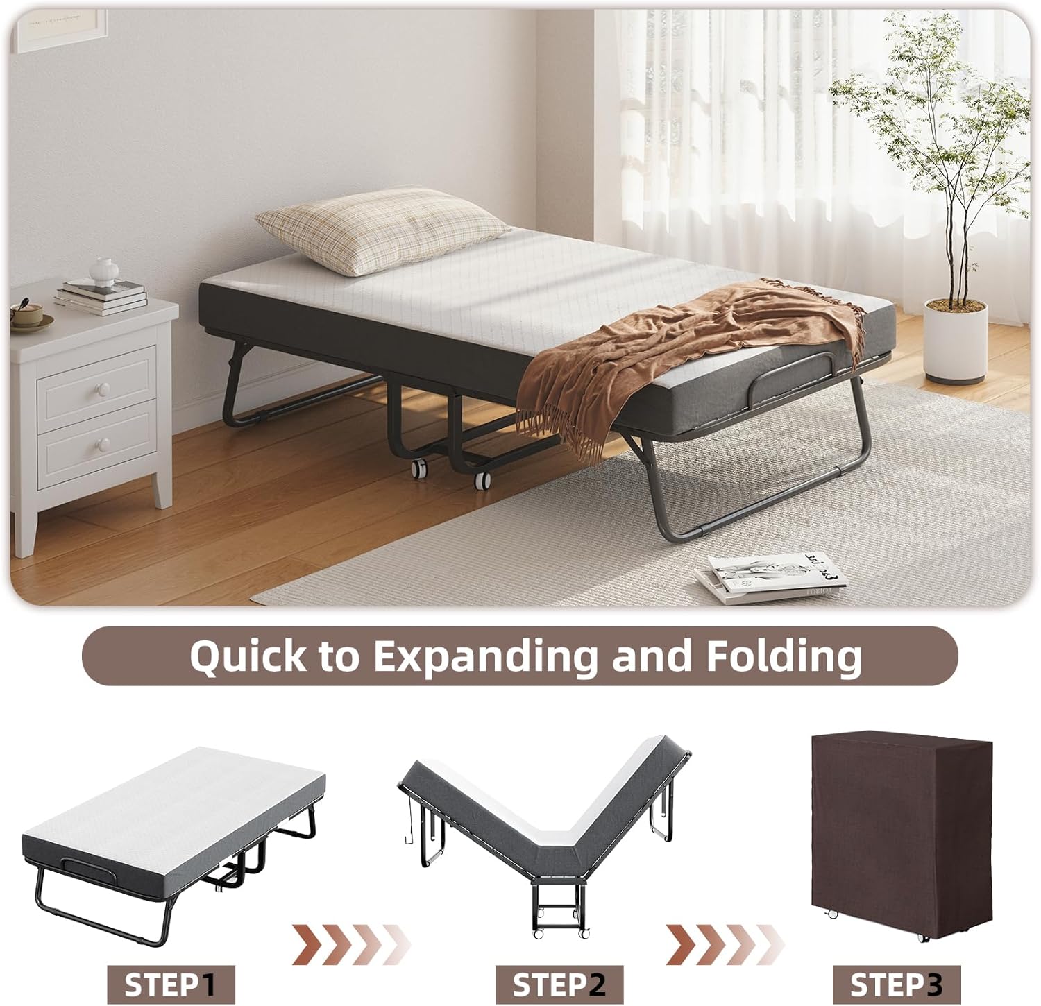 CAIYUN Cama Plegable de 100 x 190 cm, colchón de espuma viscoelástica de 13 cm aprox., cama de invitados, marco de metal, ruedas
