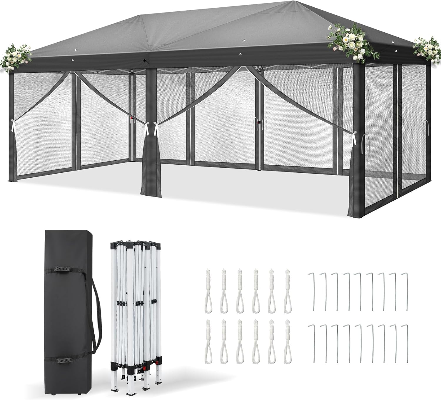 LEADZM Cenador plegable de 3 x 6 m, impermeable, protección UV 50+, altura regulable con 6 mosquiteras, estable, ideal para jardín, terraza, camping y uso comercial, antracita