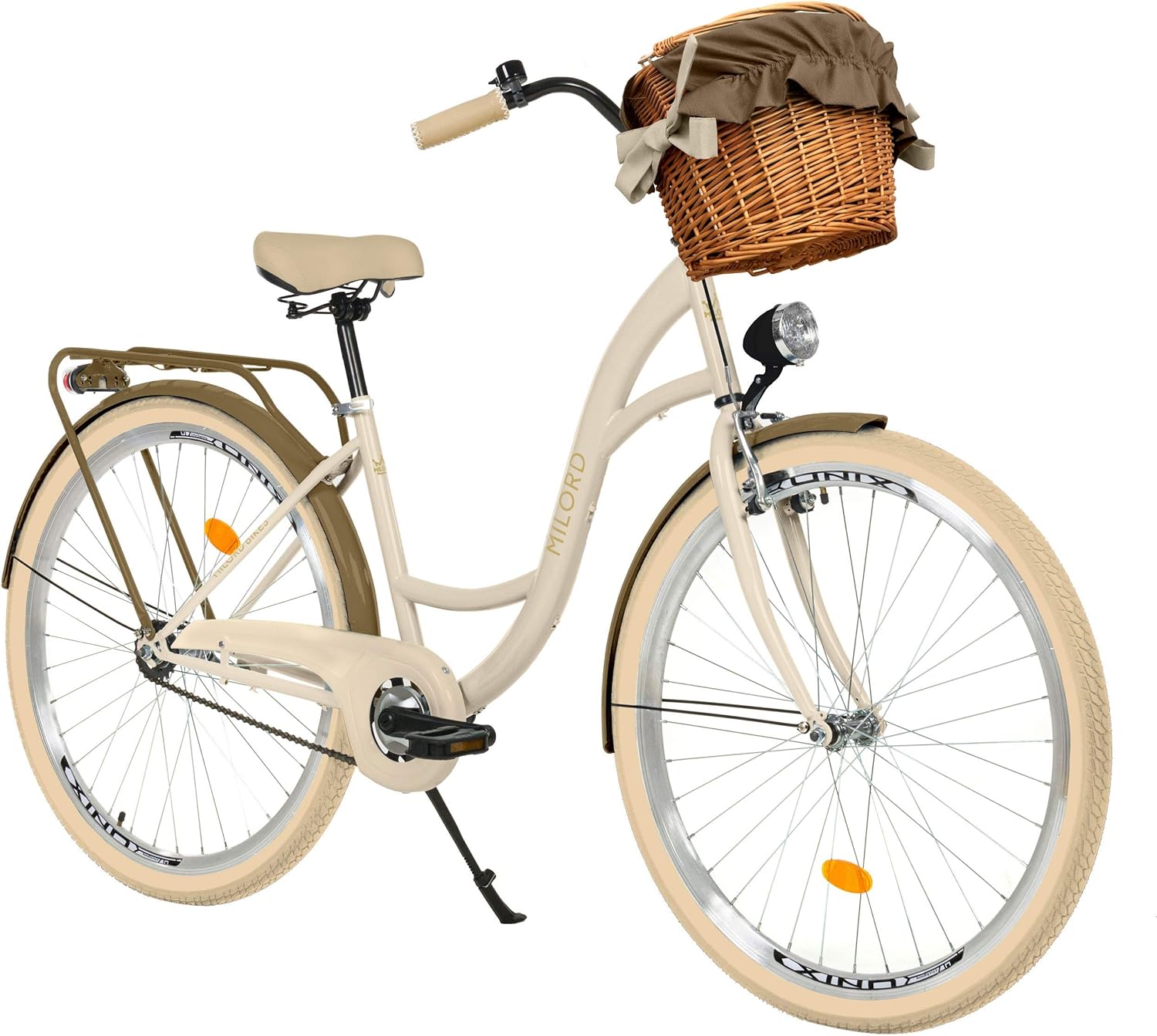 MILORD Creamy Brown Comfort Bike 1 Speed 28 Inch with Basket and Rear Bracket Dutch Women Urban Retro Vintage