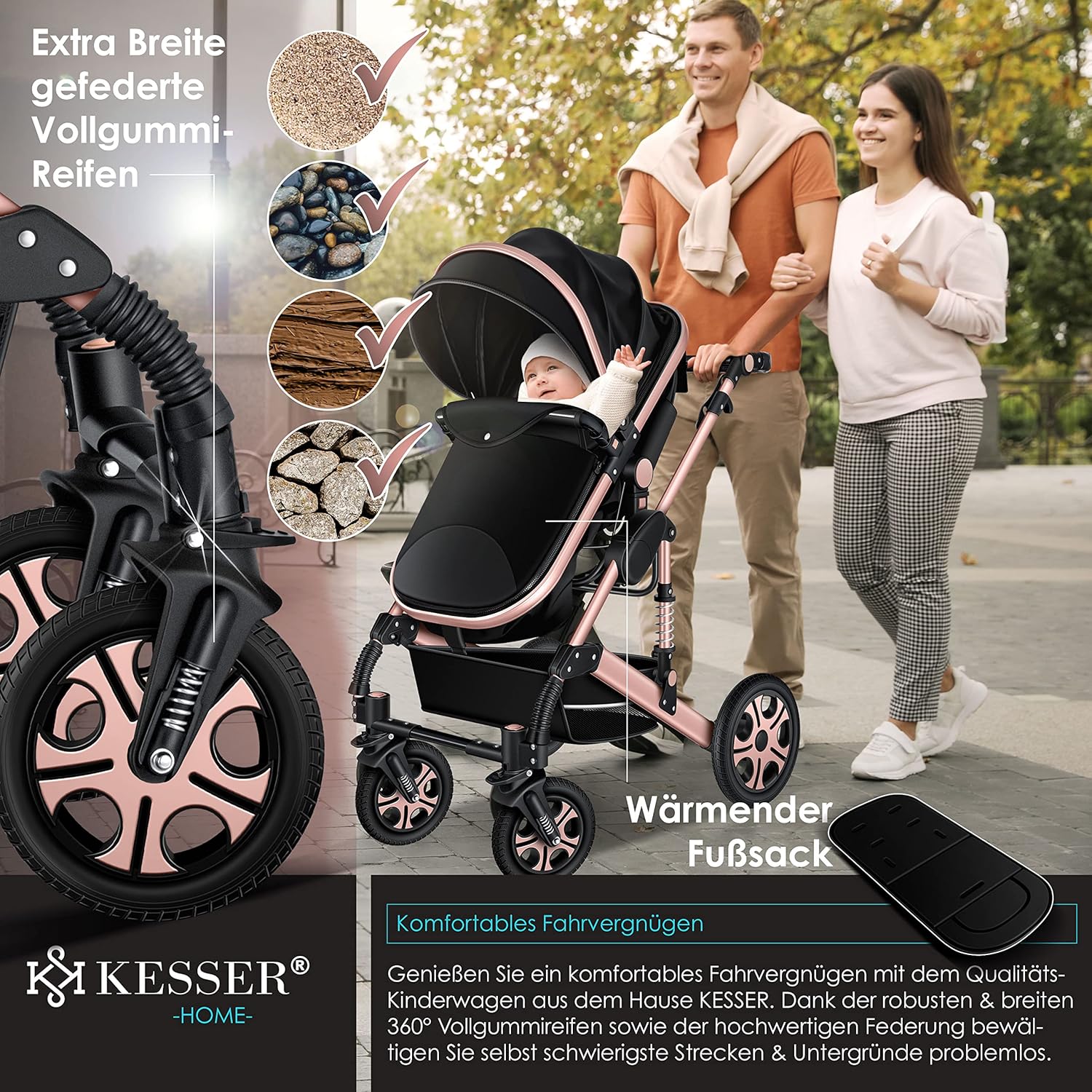 KESSER® Loops 3 in 1 Kinderwagen Kombikinderwagen Komplett-Set inkl. Babywanne & Buggy Sportsitz & Auto-Babyschale Voll-Gummireifen Wickeltasche Regenschutz Kindertisch ECE R129, Grau/Silber