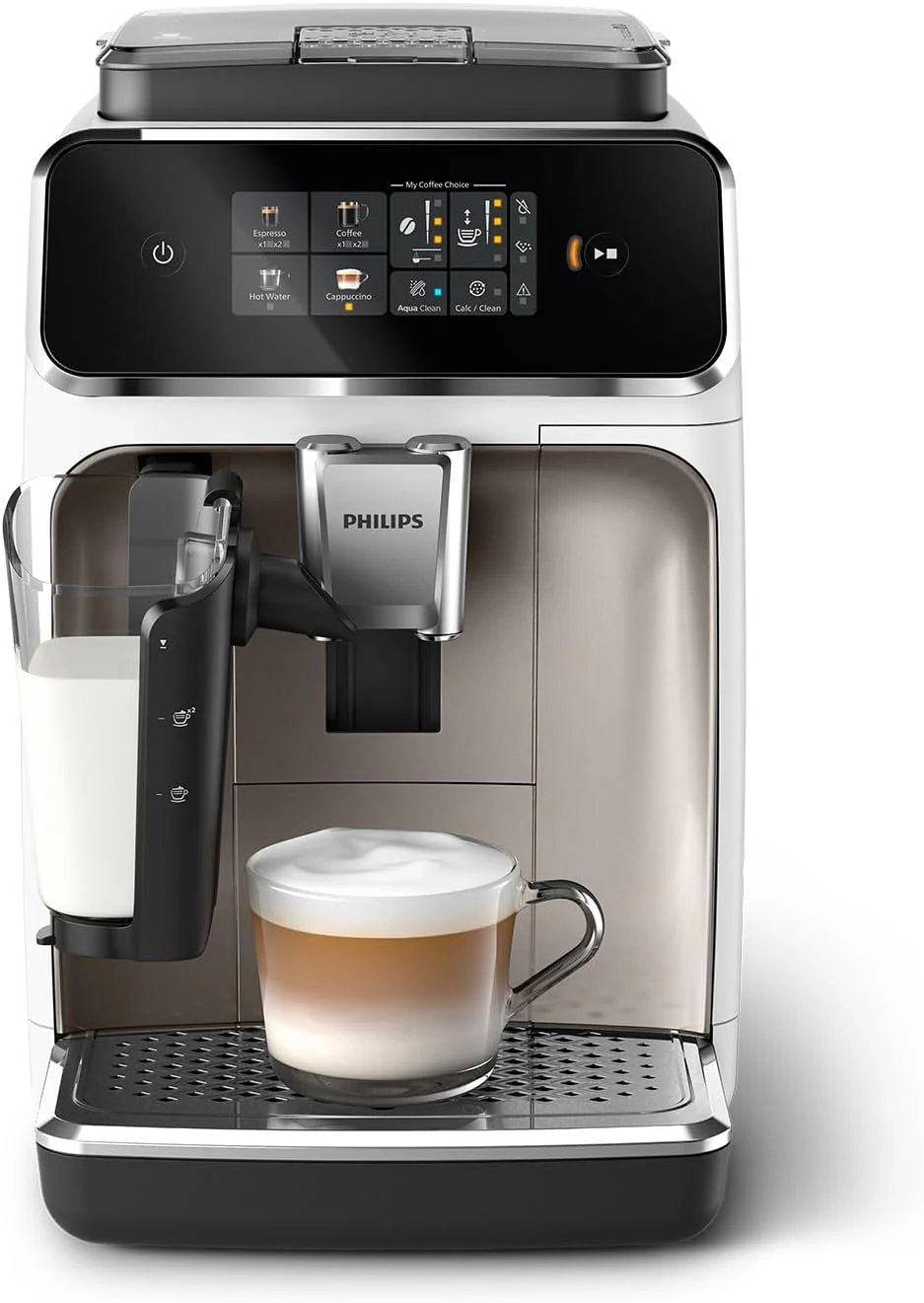 Philips 2300 series volautomatische espressomachine - 4 dranken, modern kleuren-touchscreen, LatteGo-melksysteem, SilentBrew, keramische molen, AquaClean-filter. Wit chroom (EP2333/40)