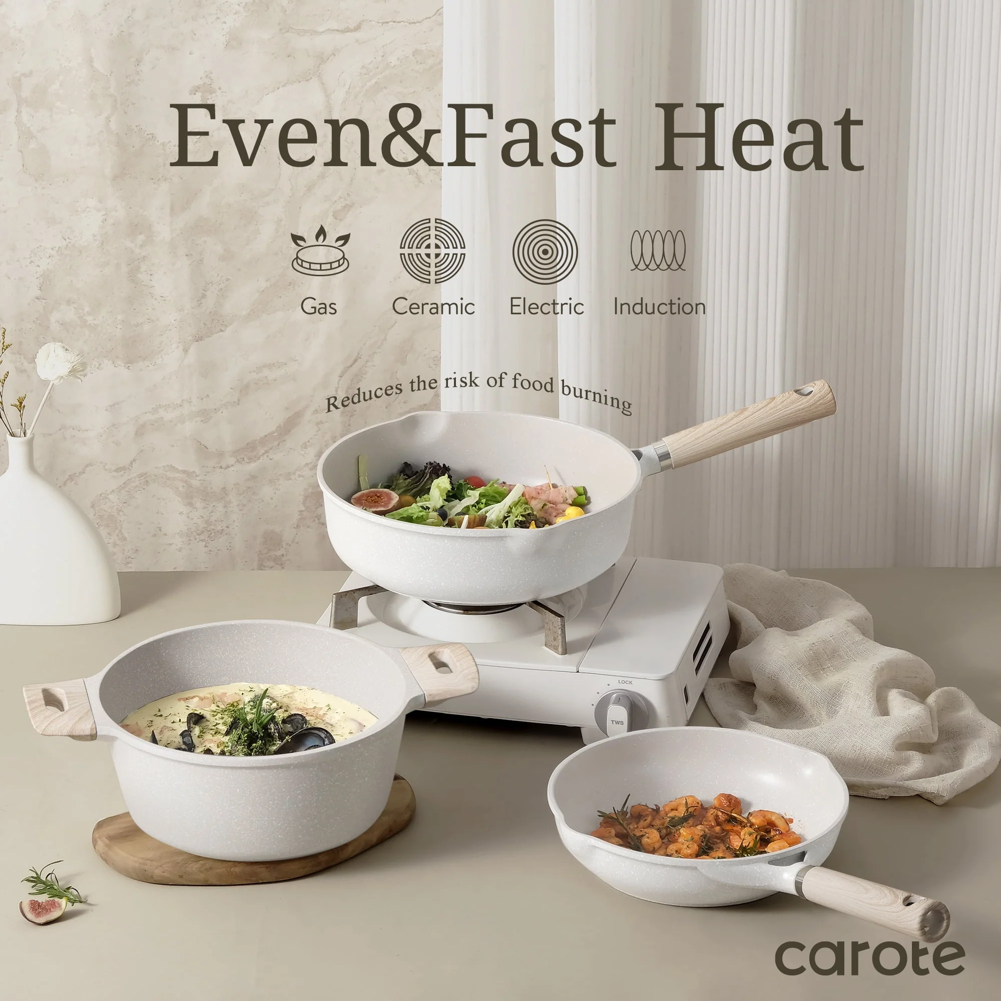 Carote Non Stick Pots and Pans Set, 21 Pcs Induction Kitchen Cookware Sets (Beige Granite)