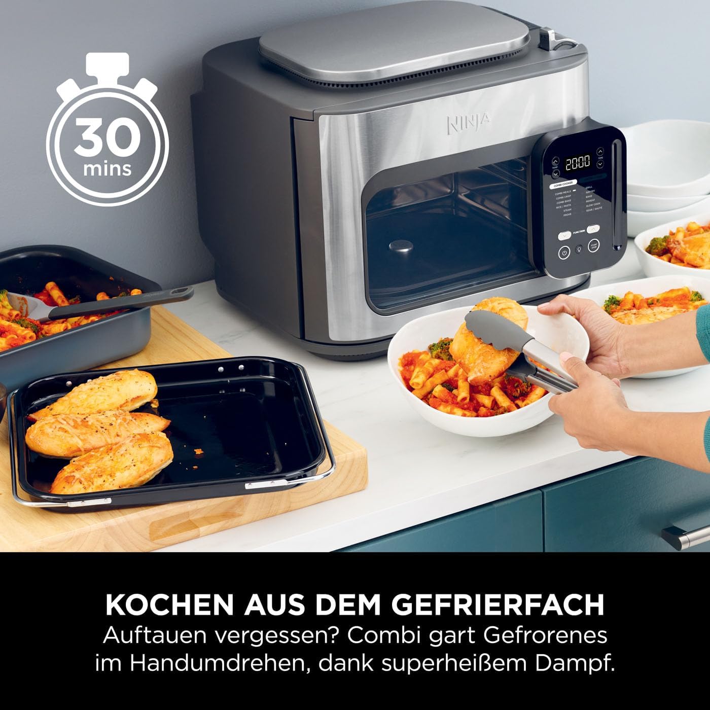 Ninja Combi 12-in-1 Multikocher, Ofen & Heißluftfritteuse, 12 Kochfunktionen, Air Fryer & Grillen Zubereitung in 15 Min*, mit Backblech, Pfanne, Crisper Gittereinsatz, Rezeptanleitung, Grau, SFP700EU.