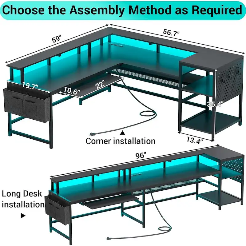 L Shaped Computer Desk Gaming Desk Keyboard Tray Power Outlets & LED