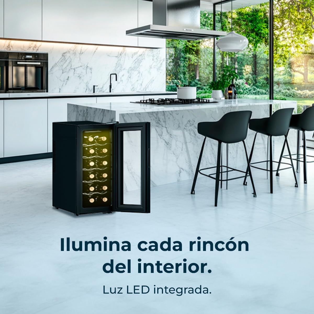 Cecotec Vinoteca Bolero GrandSommelier 1250 CoolCrystal. Bodega para 12 botellas, enfriamiento termoeléctrico, silenciosa con 35 dB, temperatura regulable de 8-18ºC, panel táctil y luz LED interior.
