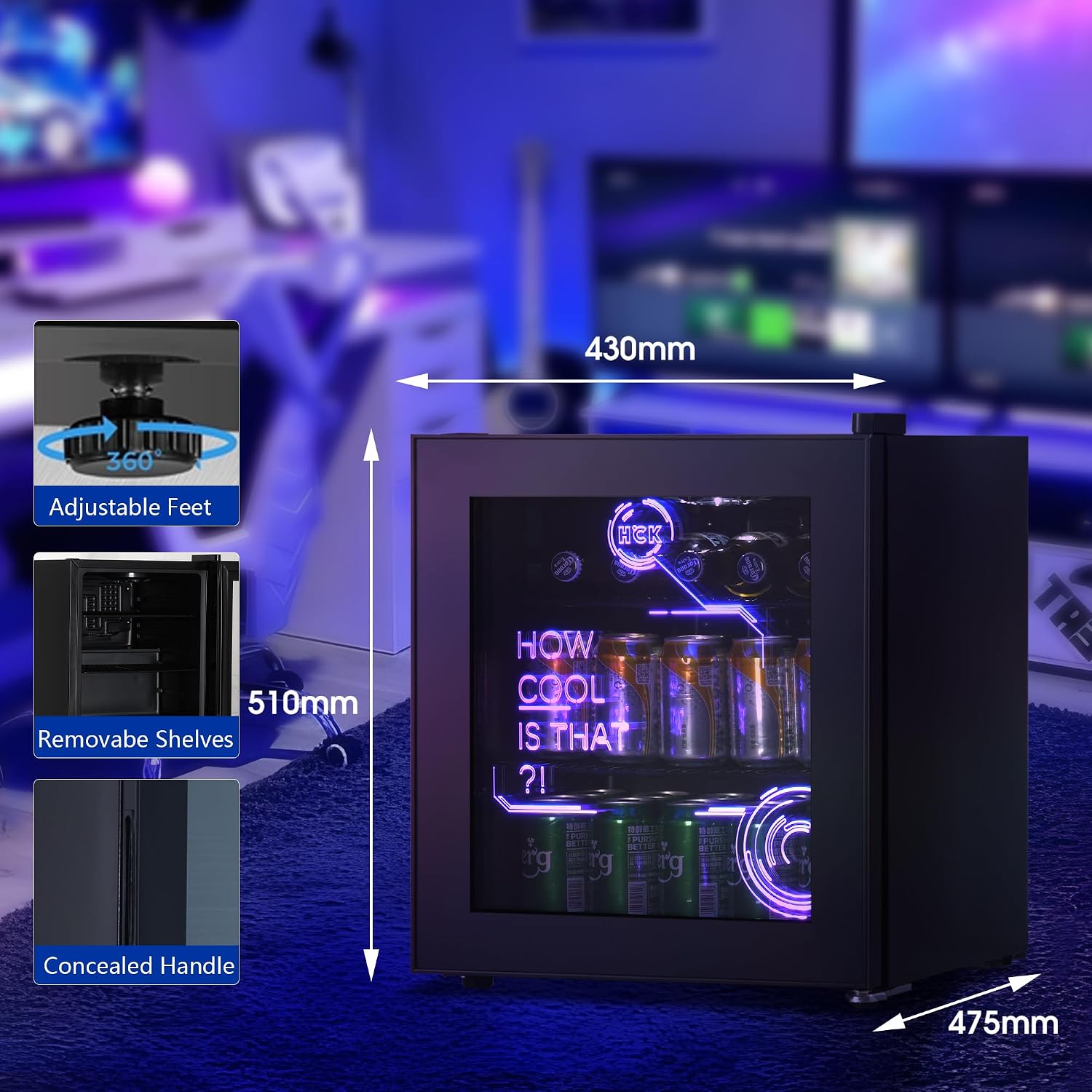 HCK 48L Mini Kühlschrank mit Glastür Leise 39dB, Cyberpunk Getränkekühlschrank mit Fernsteuerbaren RGB LED Lichtern, Flaschenkühlschrank, Mini Fridge 0-15°C für Gaming Deko, Minibar, Schwarz