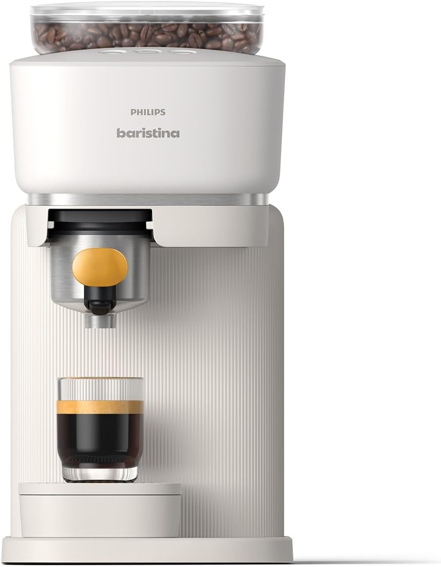 Philips Baristina Espressomaschine - Real Espresso- made simple. Kompakte Kaffeemaschine- Naturweiß mit weißem Siebträger- 16-bar-Pumpendruck- automatisches Mahlwerk- Cafe Crema (BAR300/00)