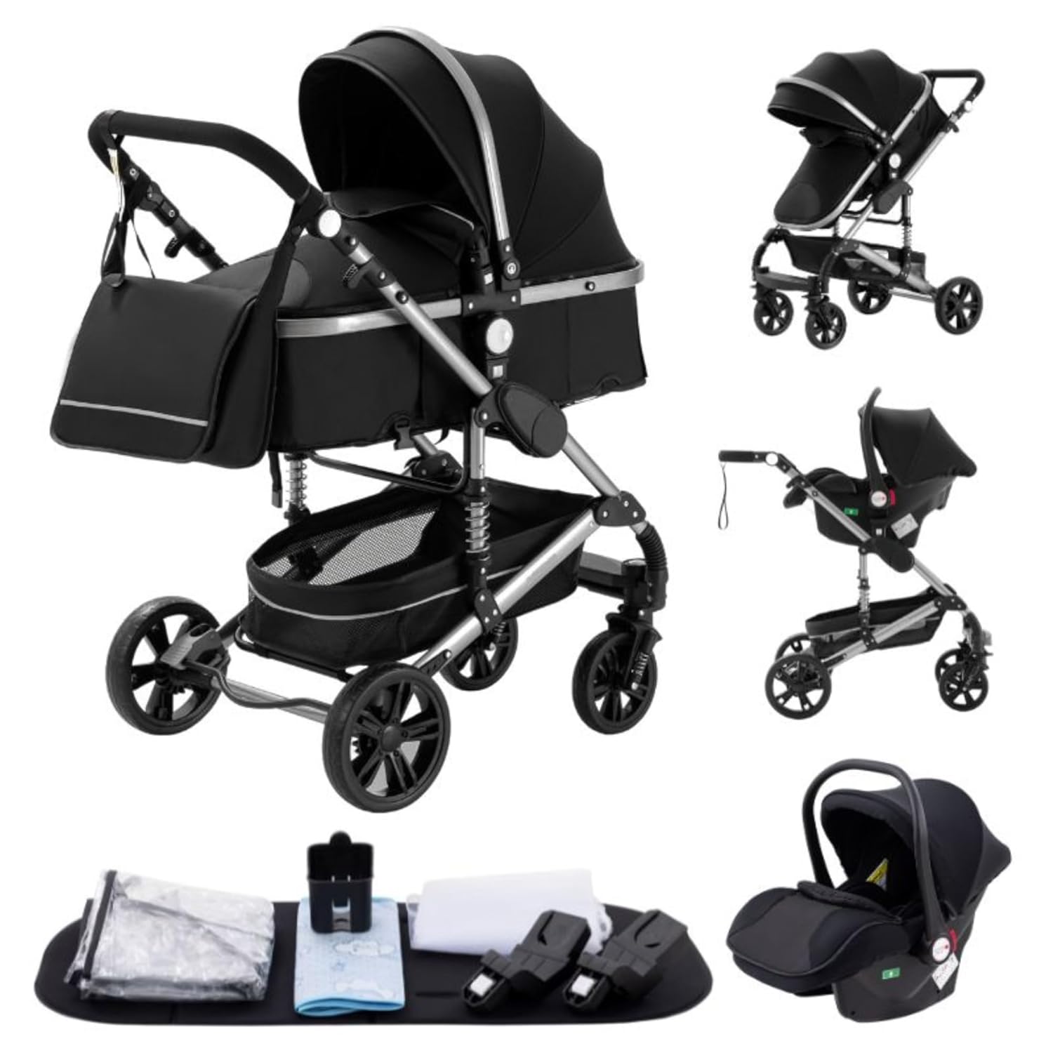 YAZOCO kinderwagen 3 in 1 Buggy Babybett Komplett Set Einem Klick Zusammenklappbarer Kinderwagen, KombiKinderwagen Aluminiumrahmen für Neugeborene (Schwarz)