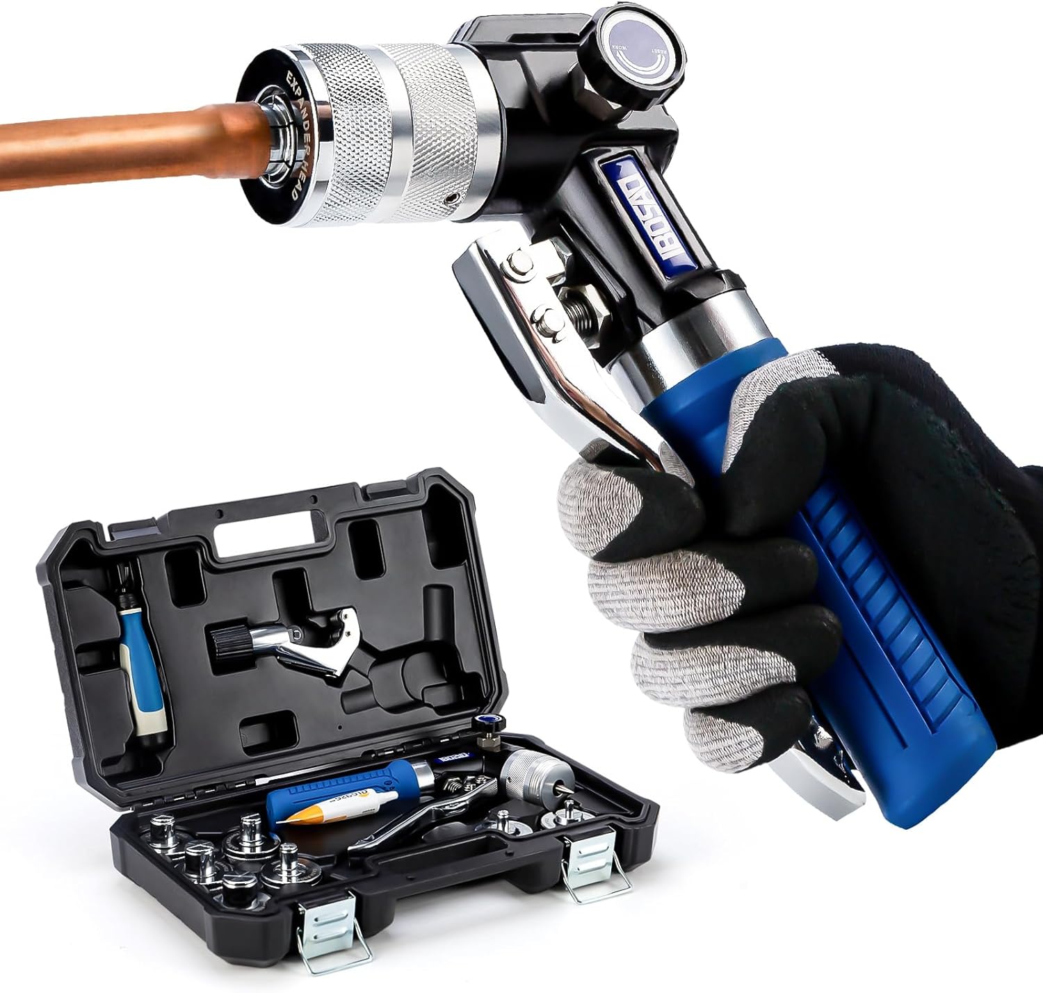 Hydraulic tube expanding tool kit, used to expand 3/8-inch copper tubes to 1-1/8 inches.