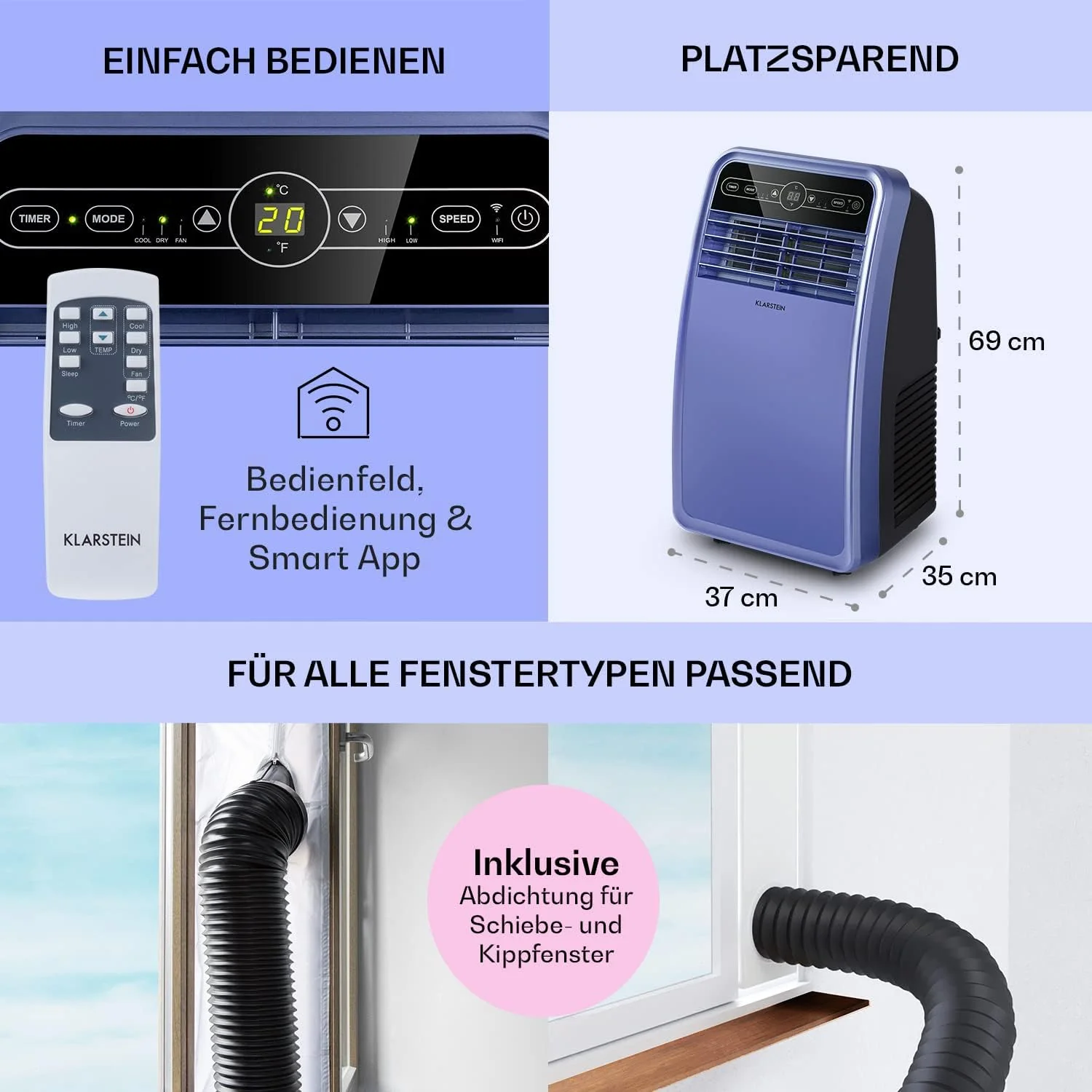 Klarstein Mobile Klimaanlage mit Abluftschlauch, 4-in-1 Klimagerät mit Ventilator, Luftentfeuchter & Nachtmodus, Kleine & Portable Klimaanlage für Wohnung & Büro, Niedriger Verbrauch, 9000 BTU