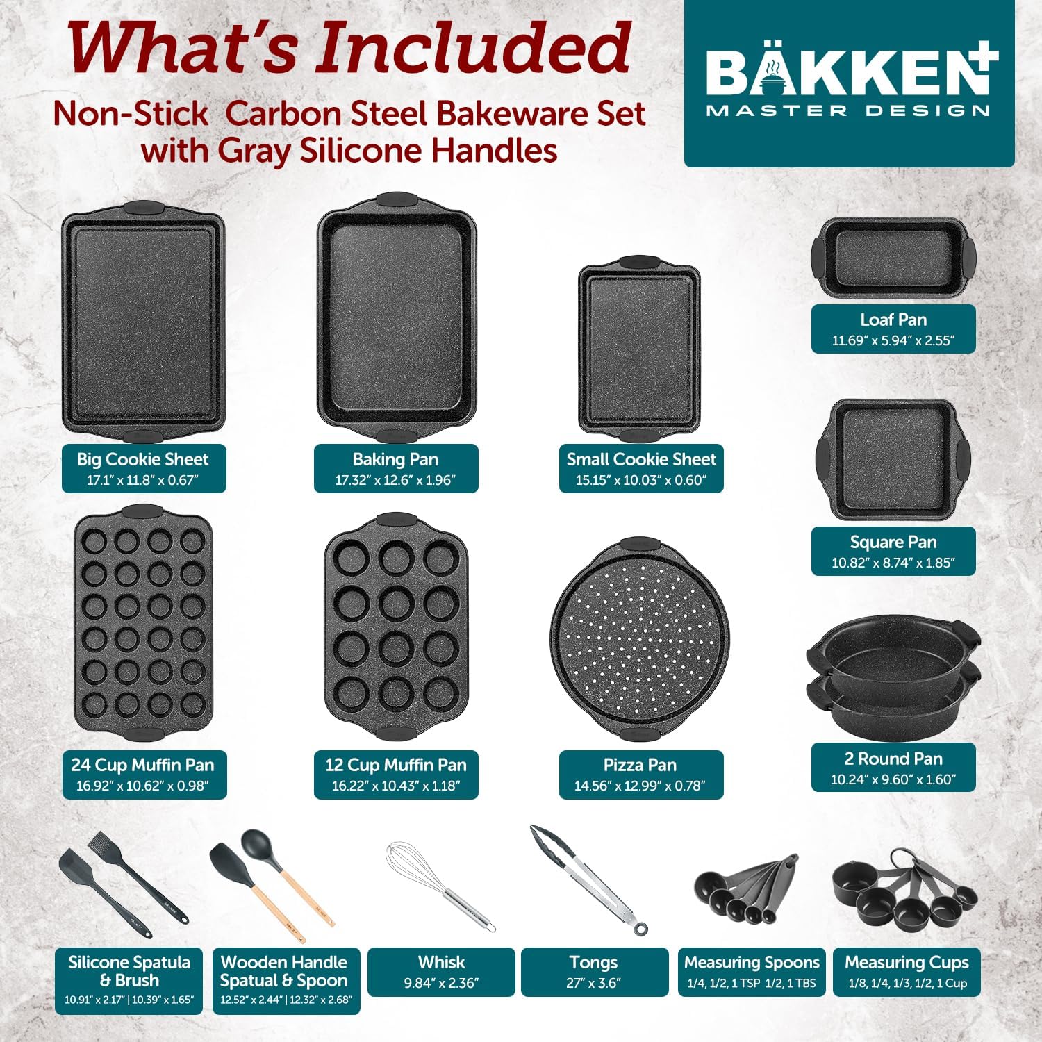 18-Piece Kitchen Oven Baking Set: Nonstick Gray Marble Coating, Carbon Steel Bakeware, Silicone Handles, Dishwasher Safe, Professional Quality, PFOA-Free