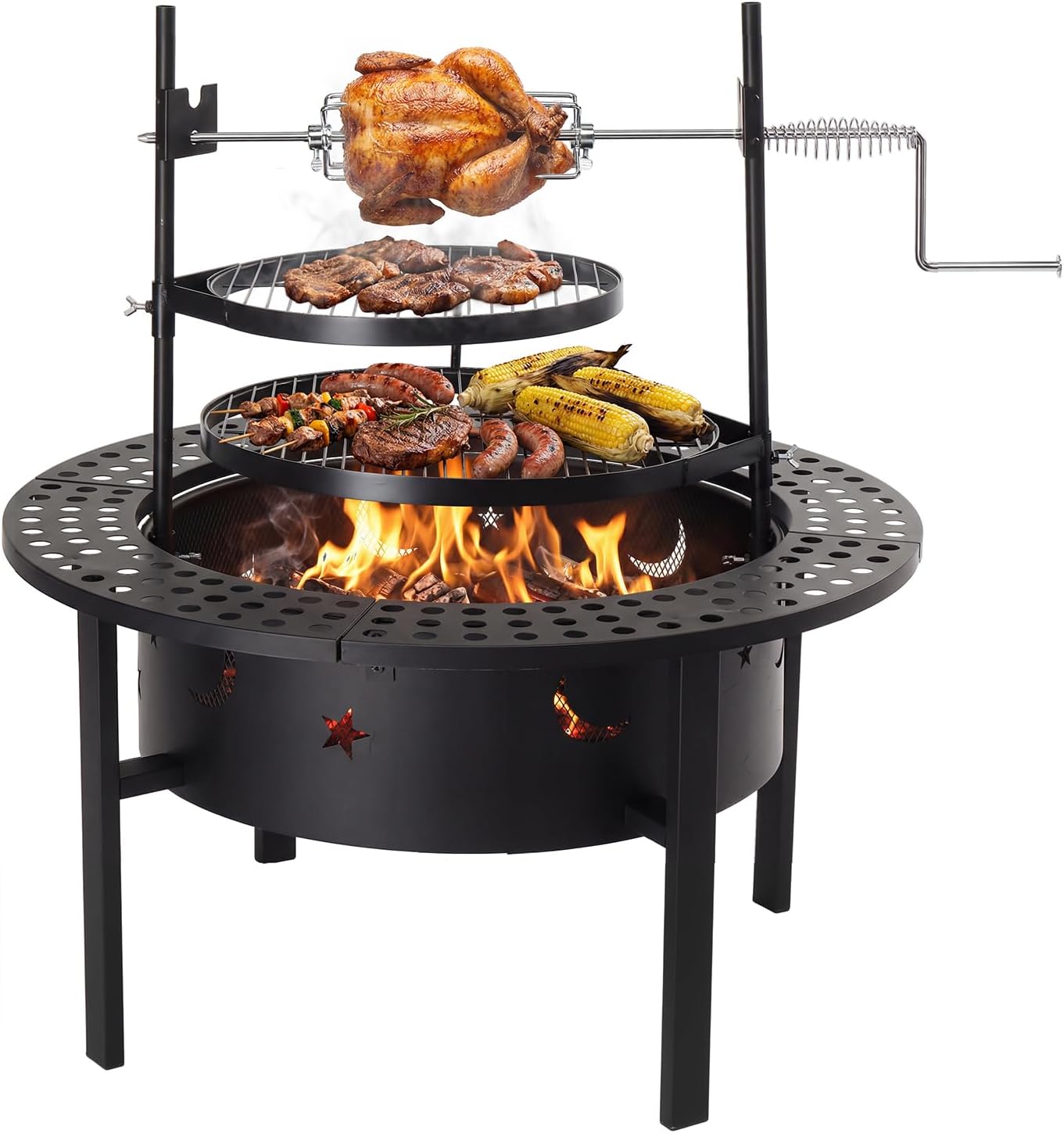 ROVSUN Upgrated 33'' Outdoor Fire Pit with 2 Grills, Grill with Side Shelves, Wood Burning Round Firepit with Swivel Cooking Grate, Removable Swivel Grill for Backyard, Patio, Picnic, BBQ and Parties