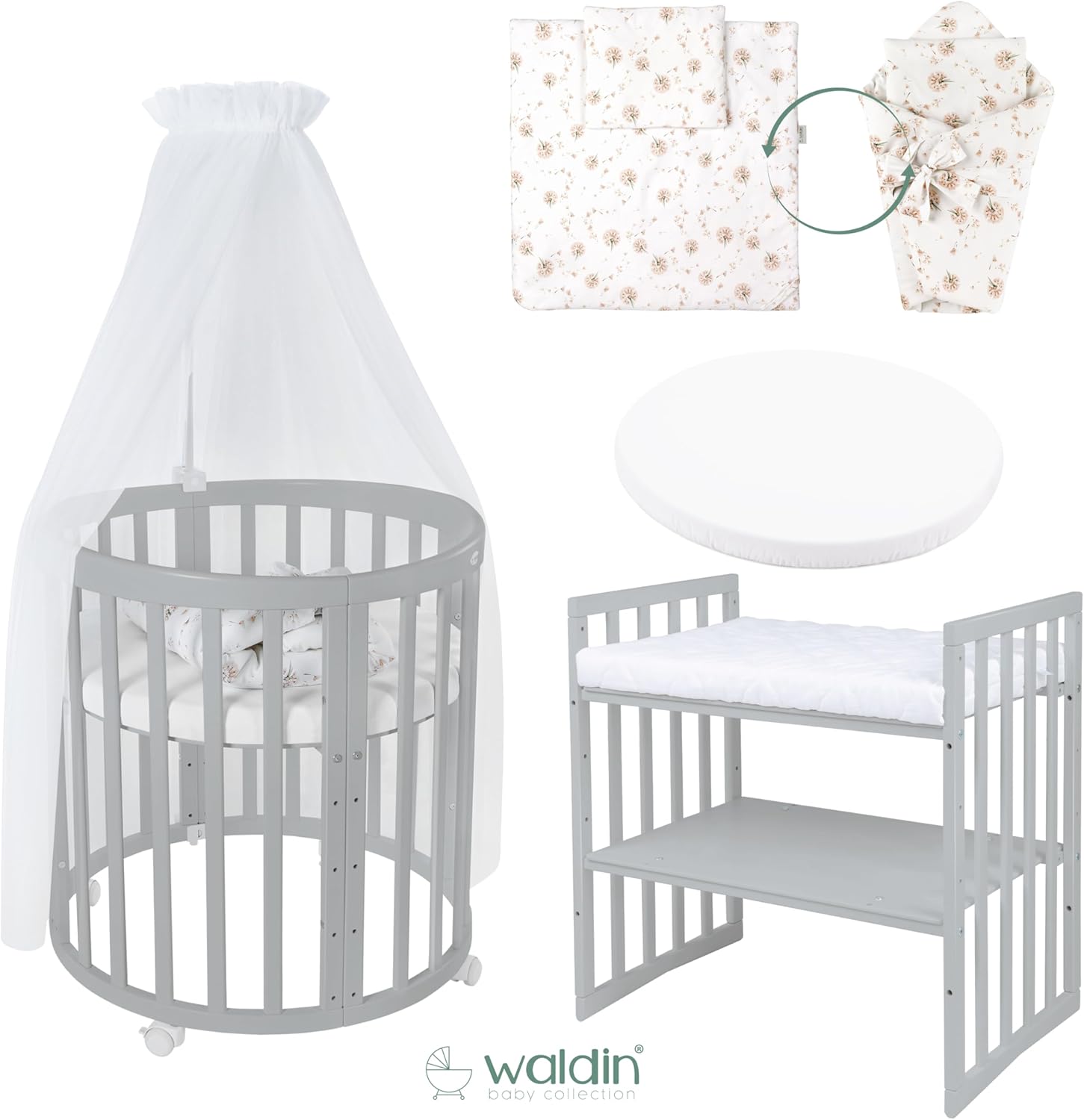 Waldin Oval Baby-Bett Mitwachsend Komplett Set 7in1, Gitterbett, Kinderbett mit Matratze, Wickelkommode, Beistellbett, Holz Weiß