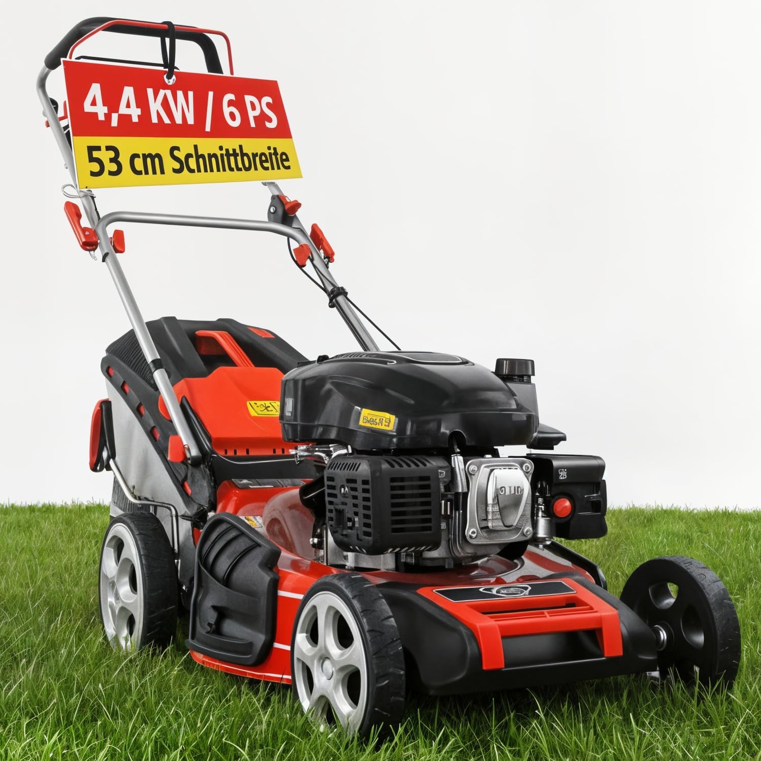 HECHT 5-IN-1 Benzin Rasenmäher – leistungsstarker 4 Takt Eco Motor 4,4 kW (6,0 PS) – Seilzug Starter – mit 53 cm Schnittbreite – 75 l Fangkorb – Radantrieb – patentierte Räder – EasyClean – Mulchmäher