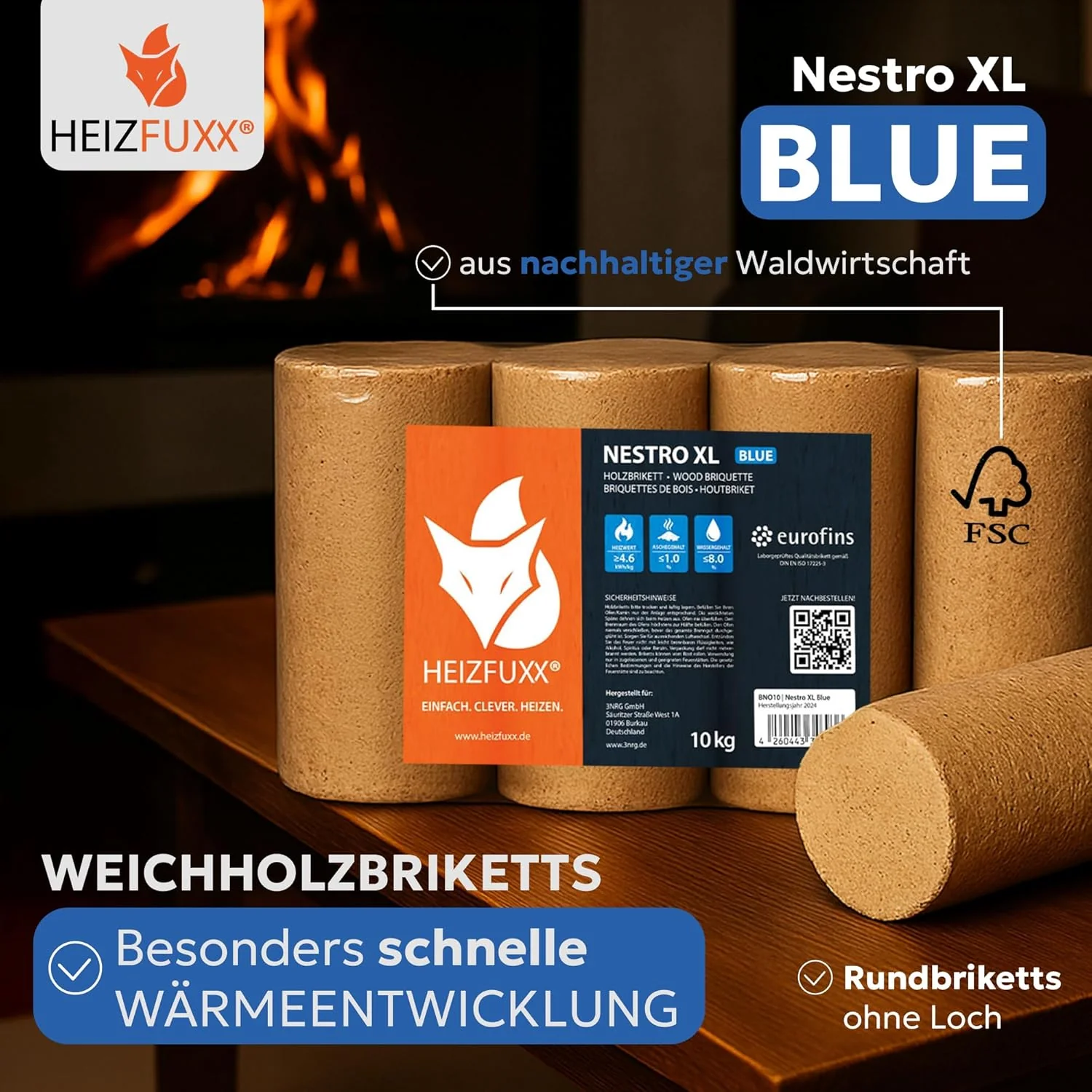 2026 Holzbriketts Nestro XL Blue - Weichholzbriketts Palette 960 kg (96x10 kg) - Premium Briketts für Kamin, Heizkessel & Ofen - Hoher Heizwert, geringer Aschegehalt & maximale Energieausbeute