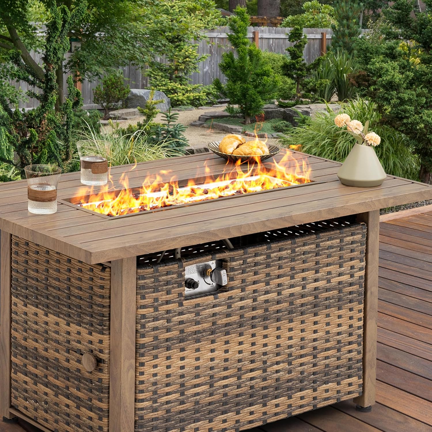Nuu Garden 43�� Propane Fire Pit, CSA-Listed Rattan Outdoor Fire Pit Table, 50,000 BTU Smokeless Gas Fire Table with Lid and Glass Beads, 2-in-1 Rectangular Fire Table for Outside Backyard Patio, Brown
