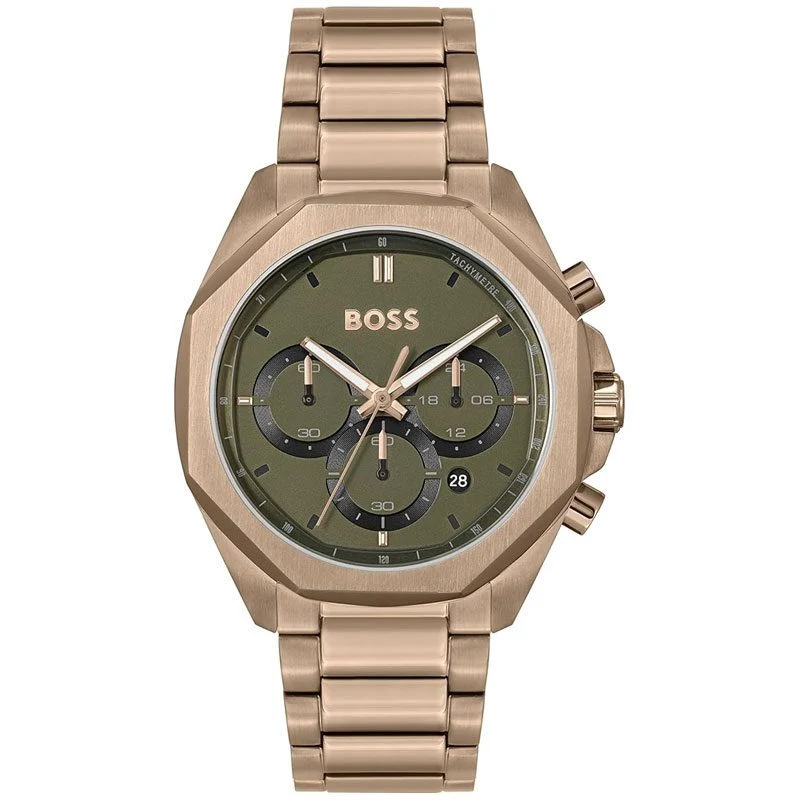 Hugo Boss Classic Chronograph Olive Green Dial Beige Gold Steel Strap Watch For Men - 1514019