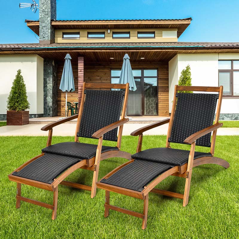 2 Pcs Acacia Wood Folding Chaise Lounge Chair Outdoor Foldable Deck Chair Portable Wicker Lounger With Retractable Footrest - Comfortable And Ergonomic Design