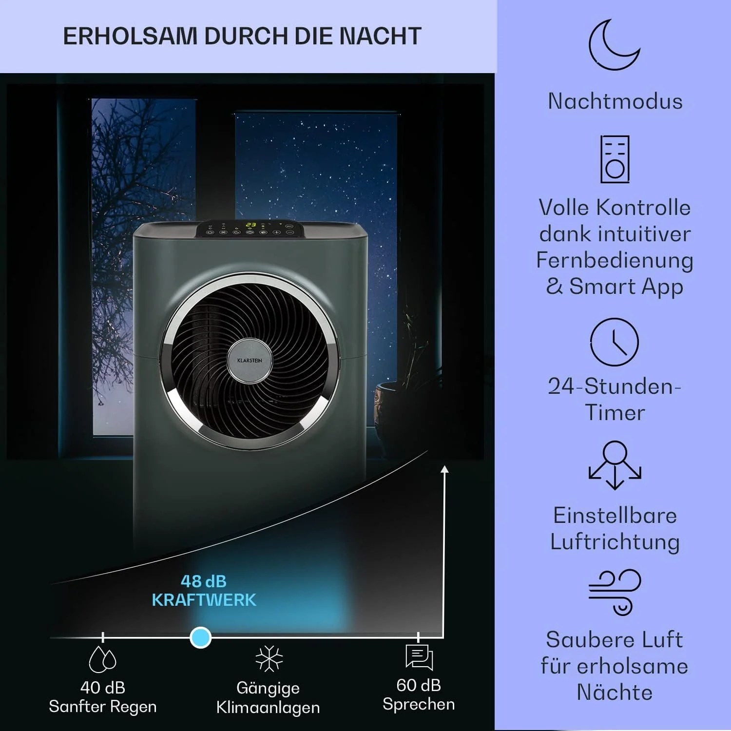 Klarstein Mobile Klimaanlage mit Abluftschlauch, 5-in-1 Klimagerät, Ventilator, Luftentfeuchter, Luftreiniger & Nachtmodus, App-Steuerung, Kleine & Portable, für Wohnung & Büro, 12000 BTU