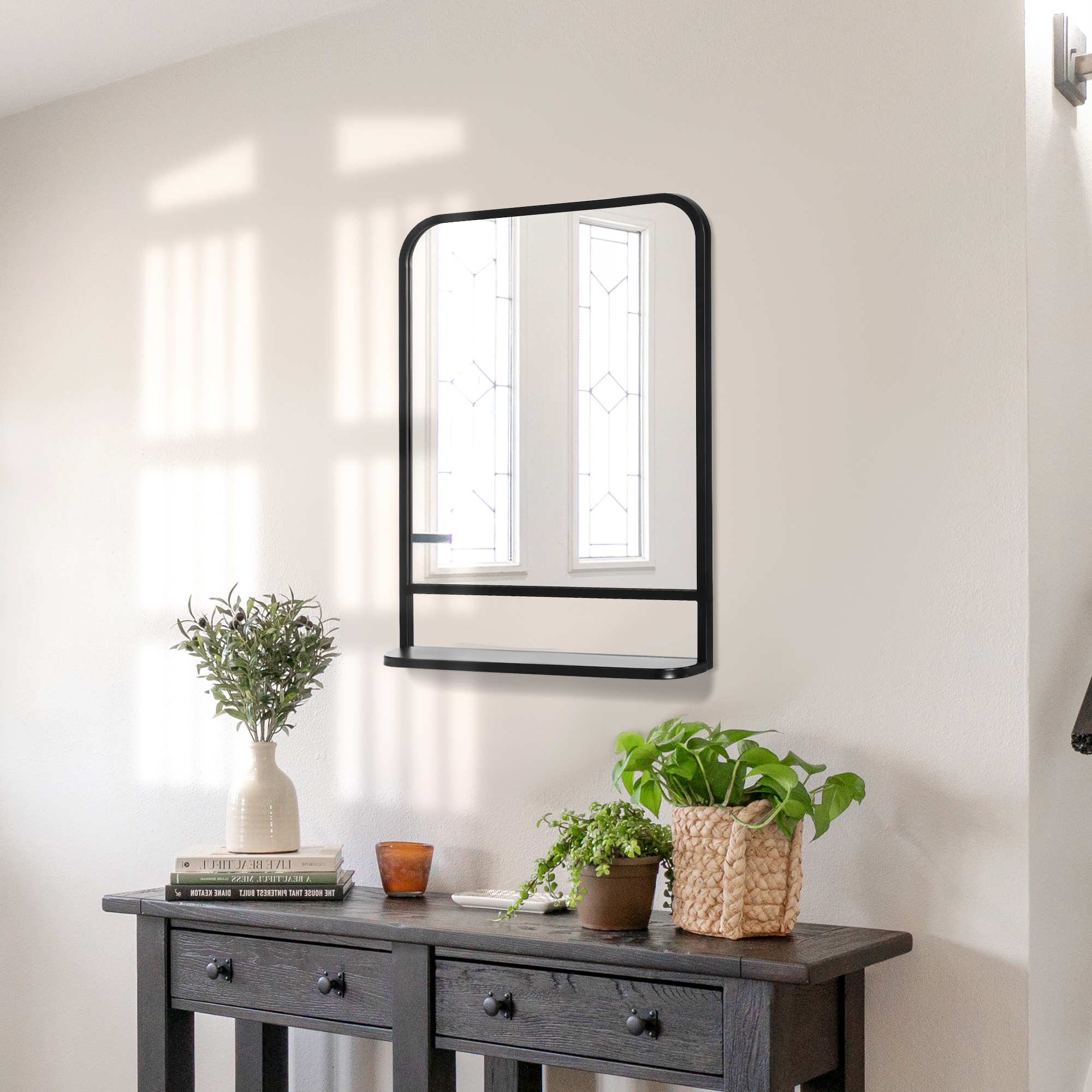 wandspiegel met metalen frame, afgeronde hoeken, 1 plank 70 cm x 10,2 cm x 50 cm zwart + zilver