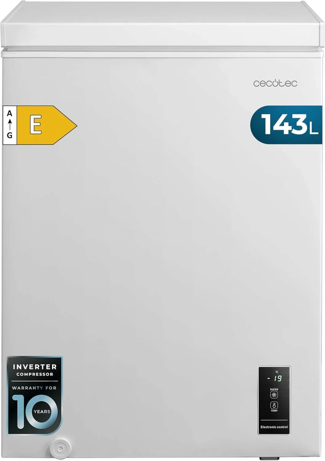 2026 Cecotec Congelador Horizontal 143L Bolero CoolMarket Chest 143P White E. Cesta con Asas, Control Electrónico LED, UltraContact D-Cool, Dual Function, Puerta ZeroG (80º-30º), Fast Freezing, Compacto