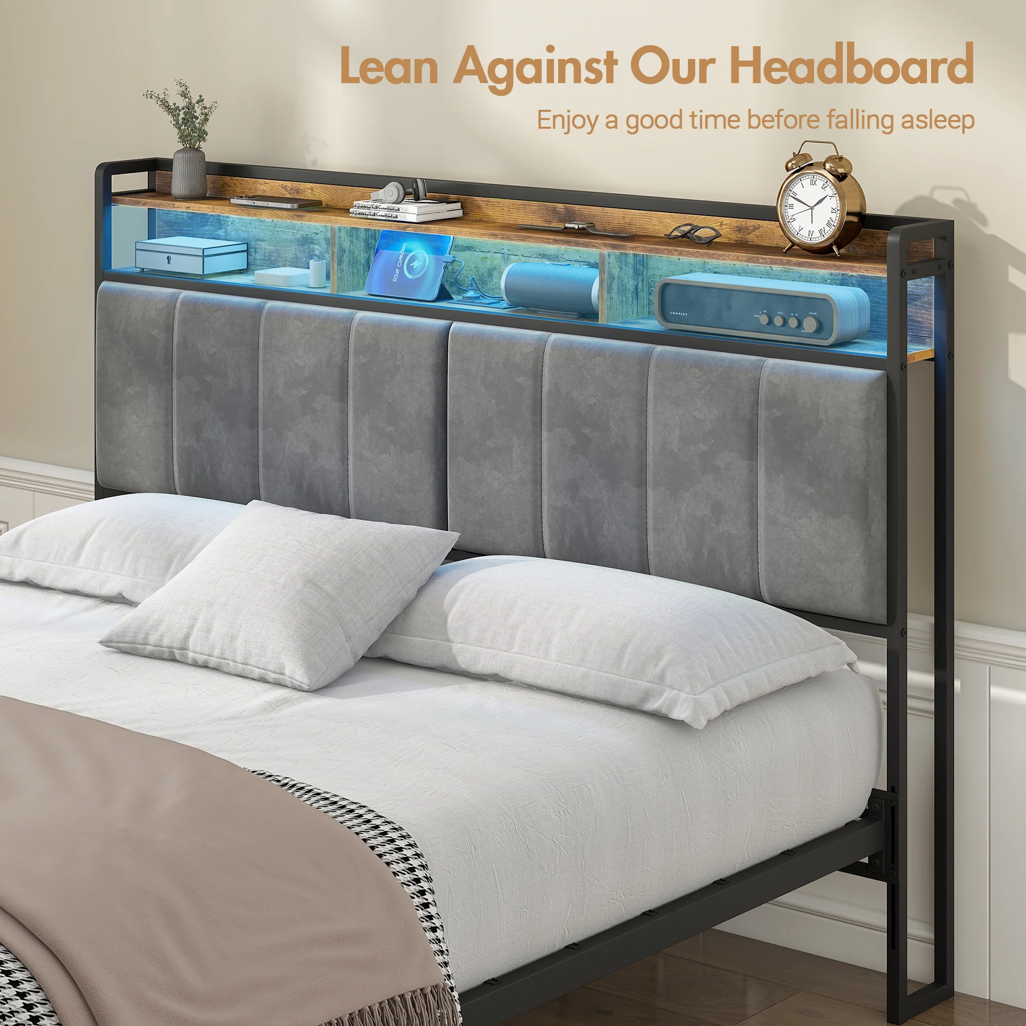 Storage Headboard Upholstered with Charging Station