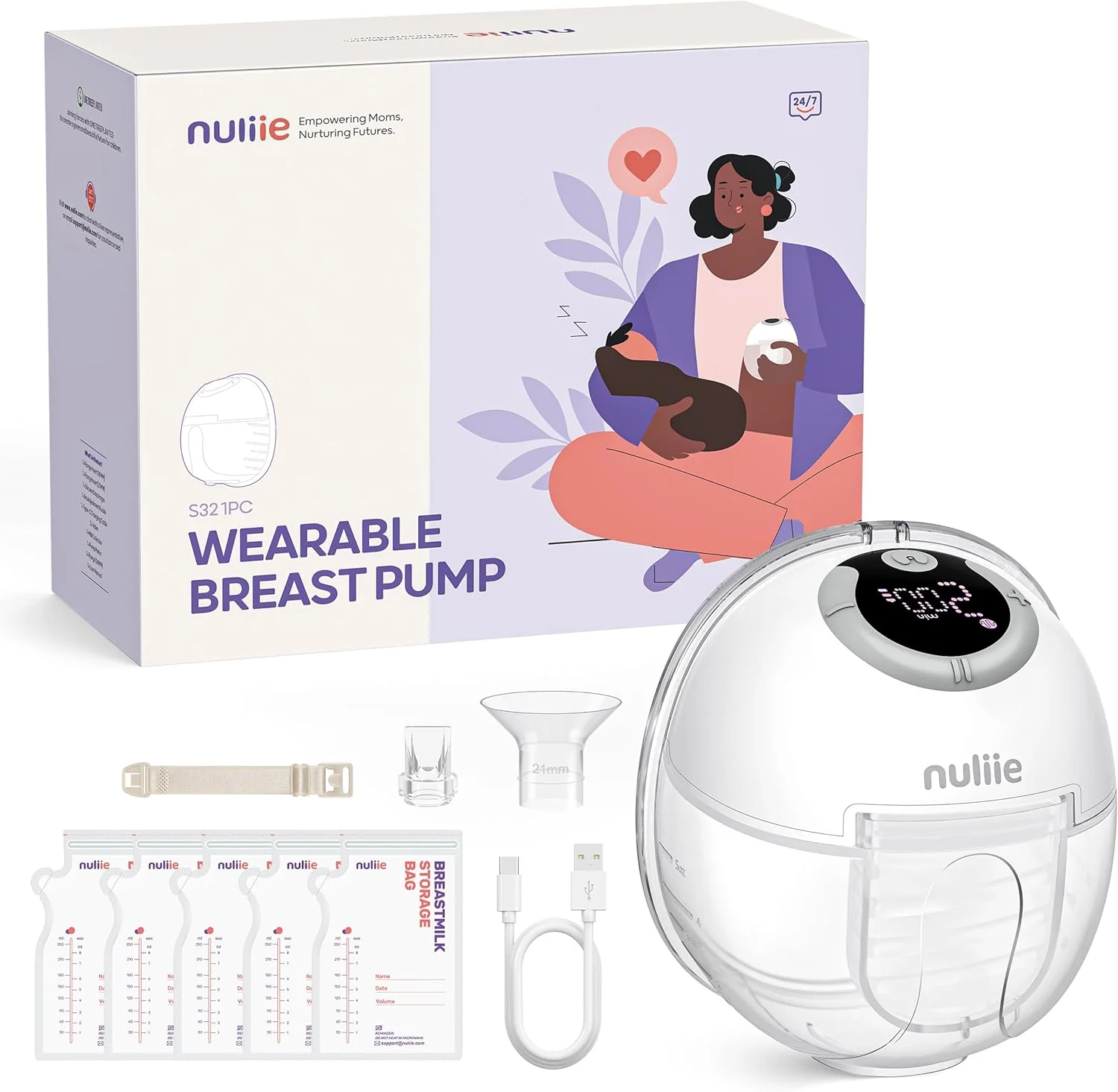 Nuliie Elektrische Borstkolf Draagbare S32, Handsfree Elektrische Borstkolf 4 Modi 9 Niveaus met 18/21/24 mm comfortabele flens, discreet, met reserveonderdelen inbegrepen (2 stuks, wit)