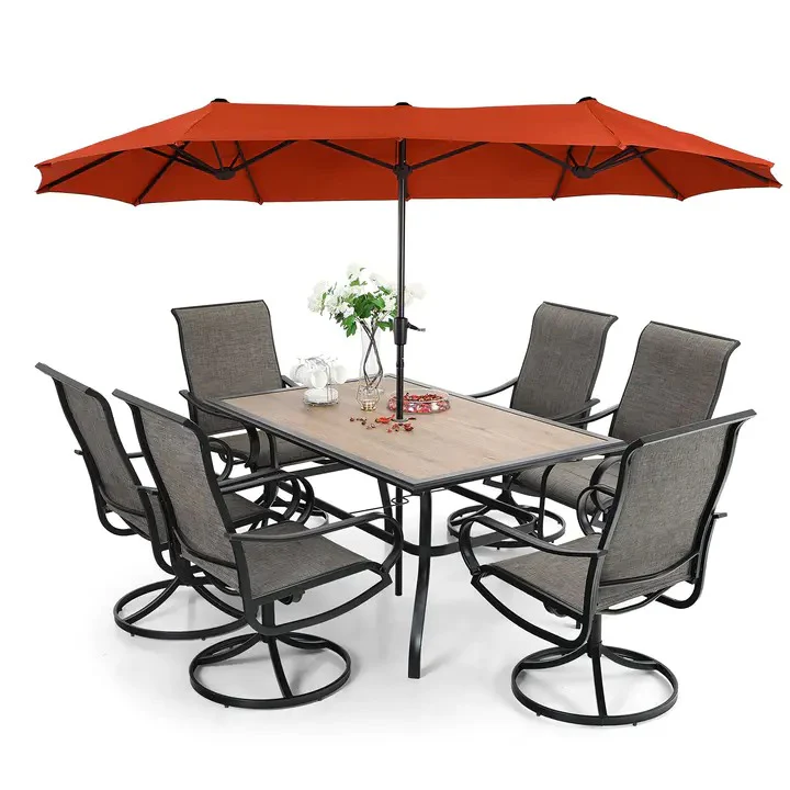 2025 Juego de Comedor para Patio de 8 Piezas con Sombrilla y 6 Sillas Deslizantes