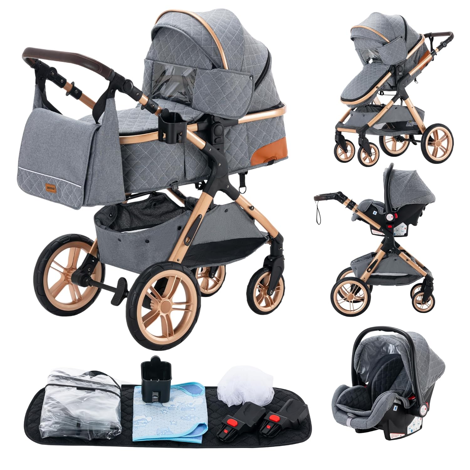 YAZOCO kinderwagen 3 in 1 Buggy Babybett Komplett Set Einem Klick Zusammenklappbarer Kinderwagen, KombiKinderwagen Aluminiumrahmen für Neugeborene (Schwarz)