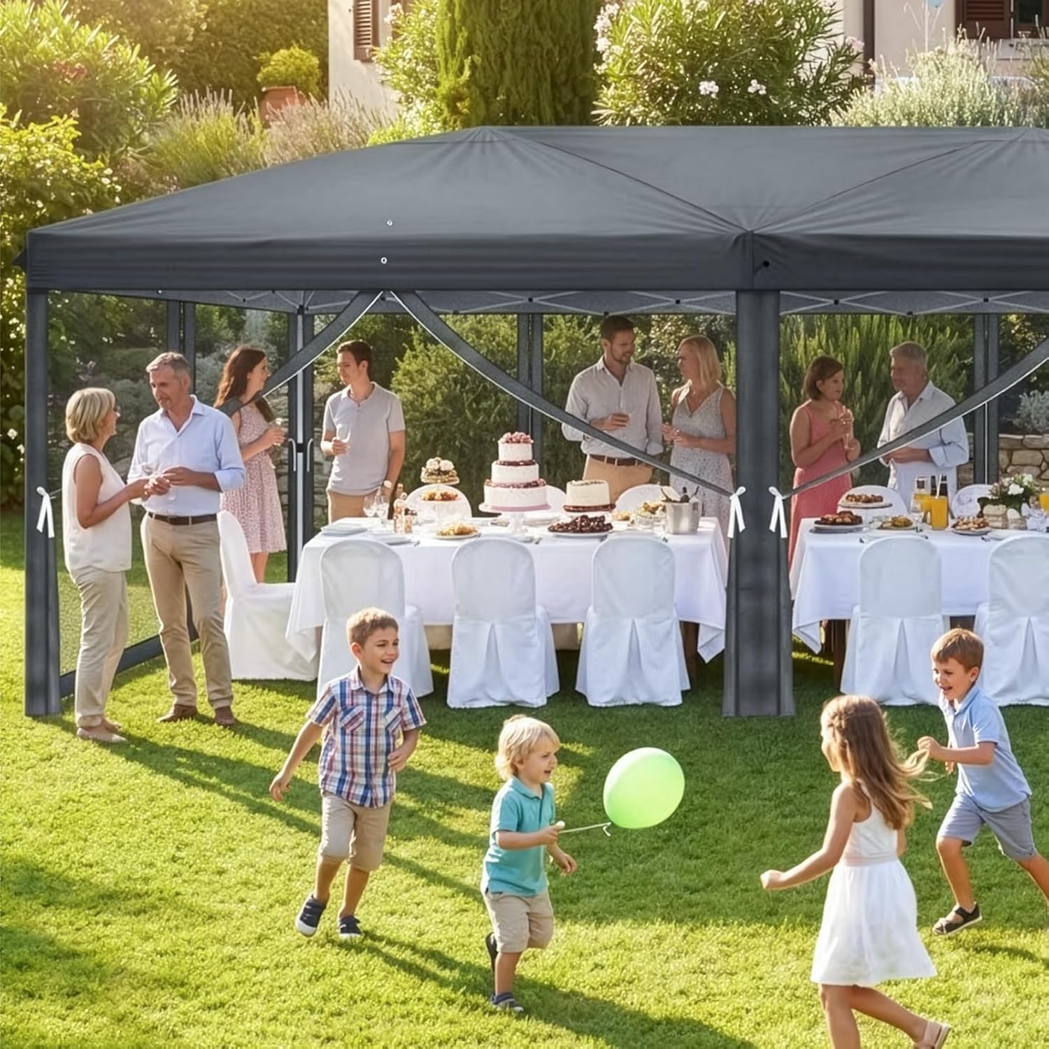 LEADZM Cenador plegable de 3 x 6 m, impermeable, protección UV 50+, altura regulable con 6 mosquiteras, estable, ideal para jardín, terraza, camping y uso comercial, antracita