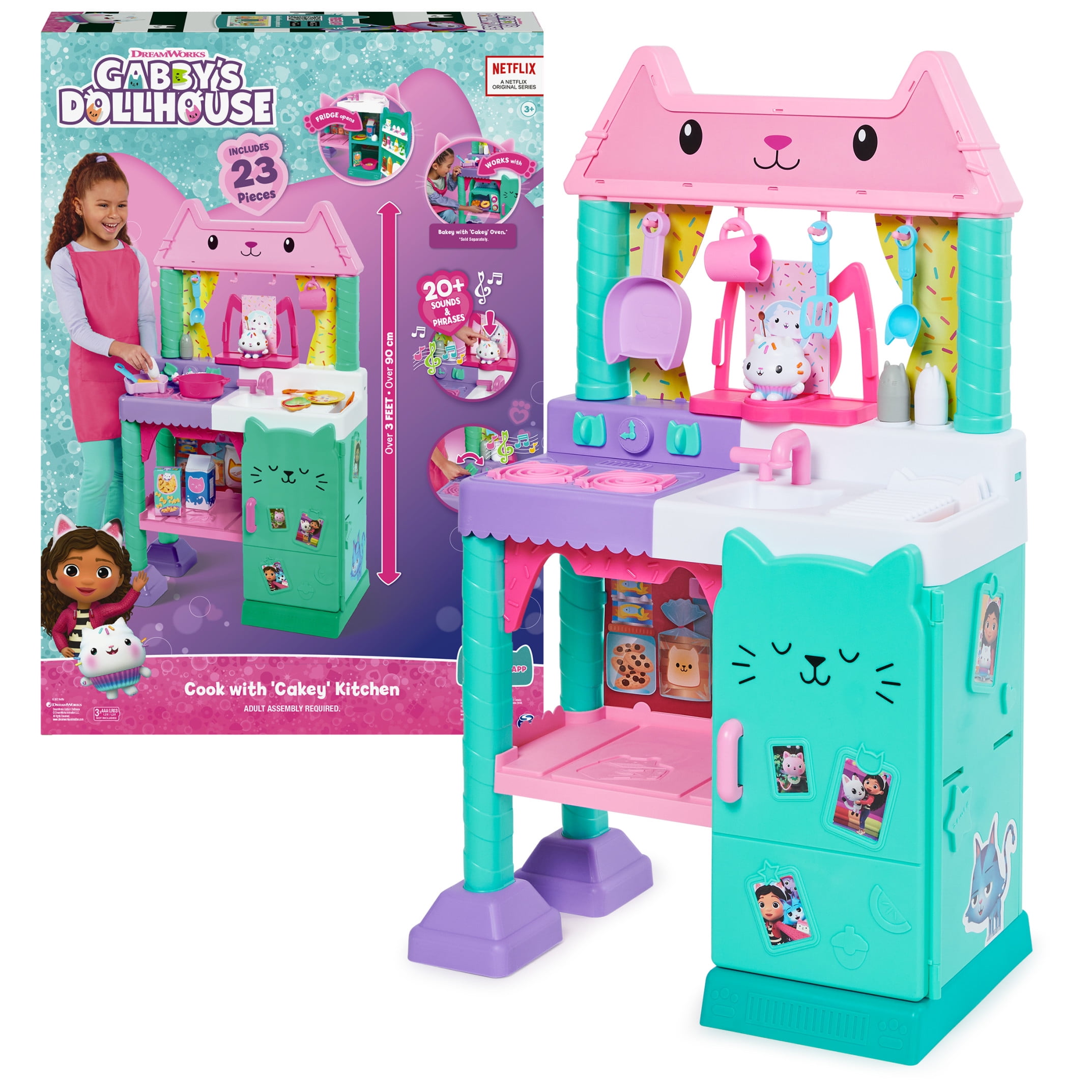 Gabby’s Dollhouse Cakey Cat Kitchen Set for Kids, 3ft Tall Play Kitchen with Sounds & Accessories