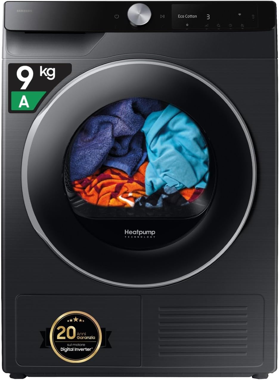 Samsung Asciugatrice AI Control DV90DG6845LB/U3, 9 kg, Pompa di Calore, Wifi, QuickDrive, AI Dry, Sensore Optimal Dry, Display AI Control, Carica Frontale, 60L x 85H x 60P cm