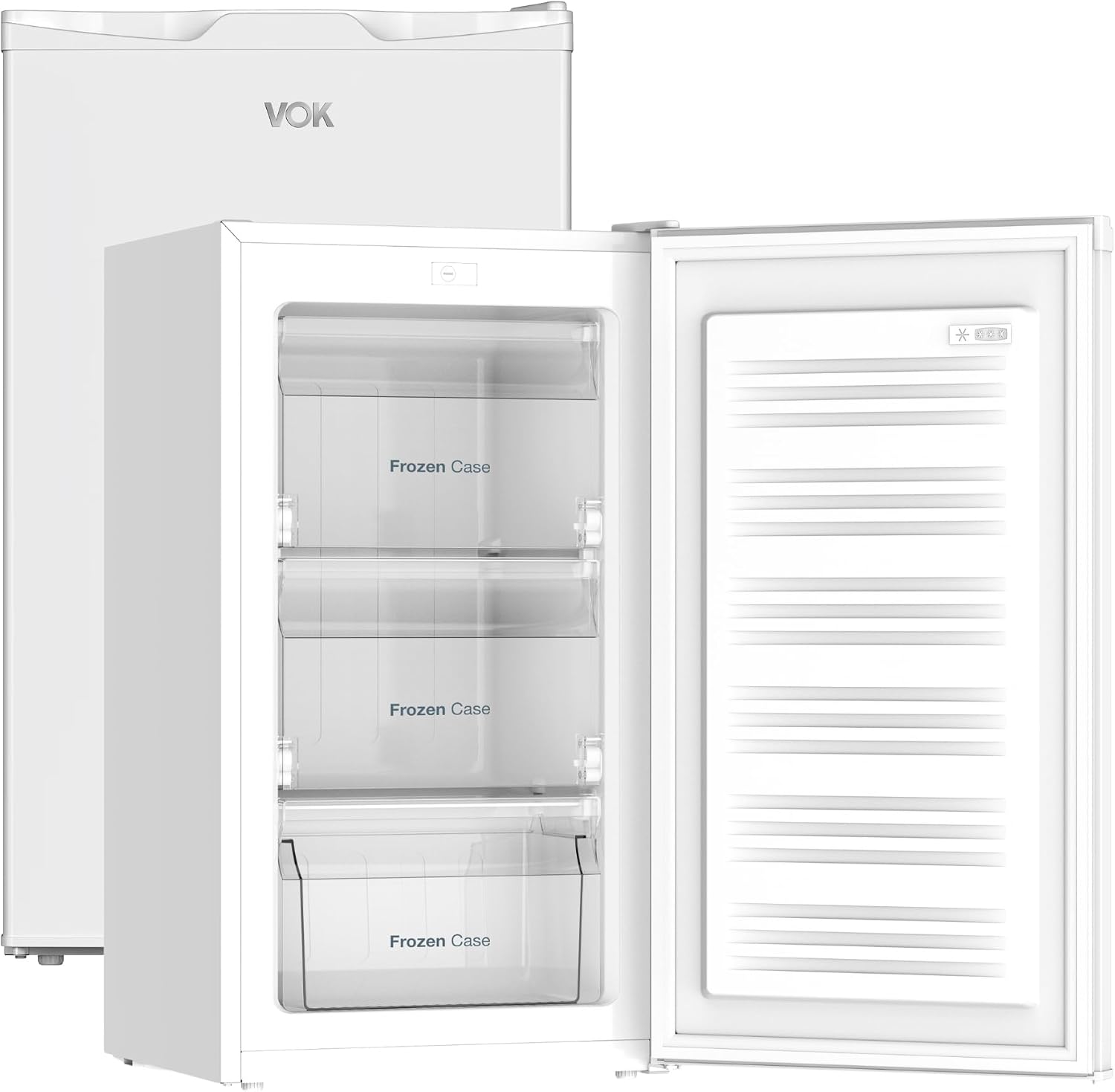 VOK Congelador Vertical Sobremesa Table Top Mini 63 L, Clase E, Puerta Reversible, Estático, Control Mecánico, Blanco, 82.5 x 45.3 x 45.5 cm EVF-63TDEW