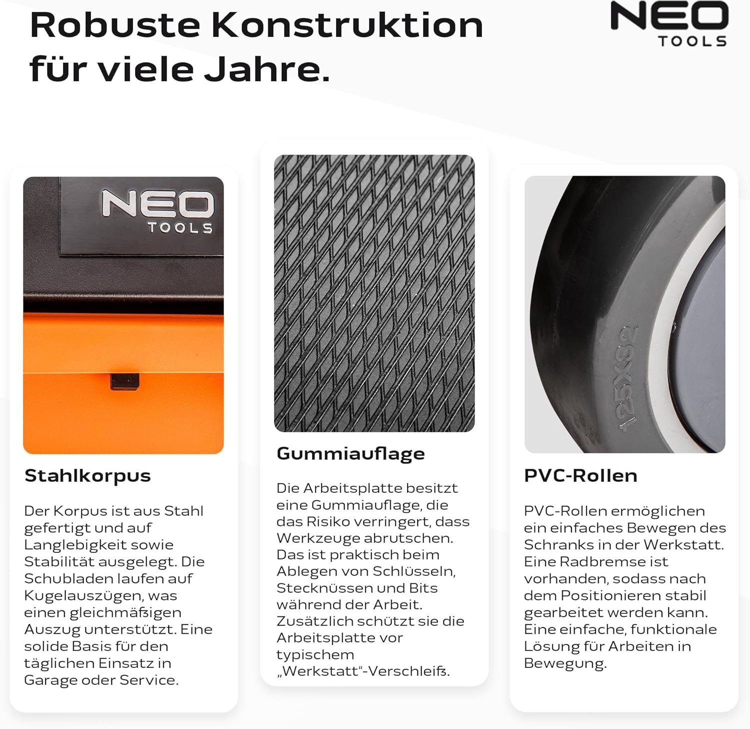 NEO TOOLS Werkzeugschrank 680x460x1030 mm, 7 Werkzeugschubladen, Belastbarkeit 280 kg, öl- und fettbeständiges Oberteil, Zentralverriegelung, Schubladenverriegelung, 5