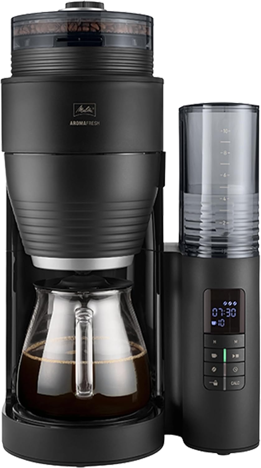 Melitta AromaFresh X - Kaffeemaschine mit Mahlwerk, Filterkaffeemaschine mit Glaskanne und Tropfstopp, für bis zu 10 Tassen Kaffee, schwarz/silber