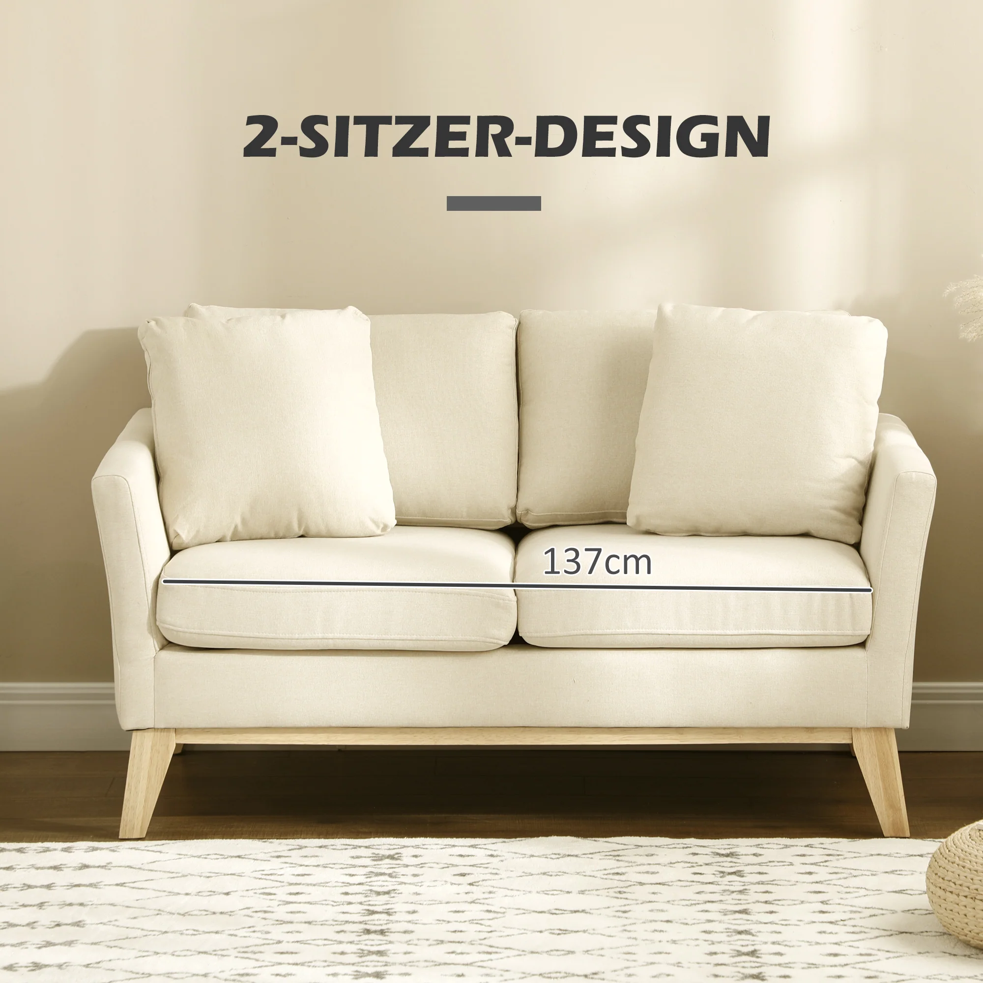 HOMCOM 2-zitsbank, Scandinavisch design, 2 sierkussens, frame van natuurlijk hout, beige, 137 x 78 x 78 cm