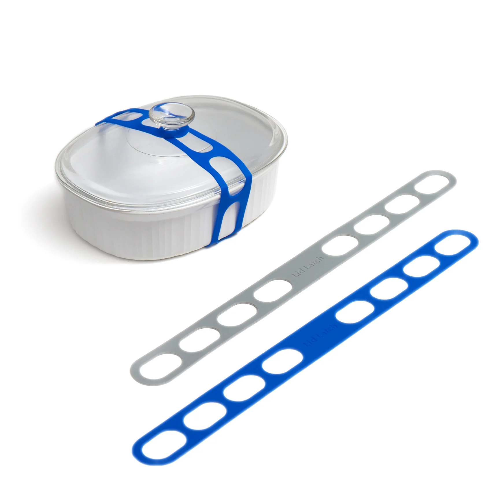Lid Latch the reusable universal lid securing strap for crockpots, casserole dishes, pots, pans and more.